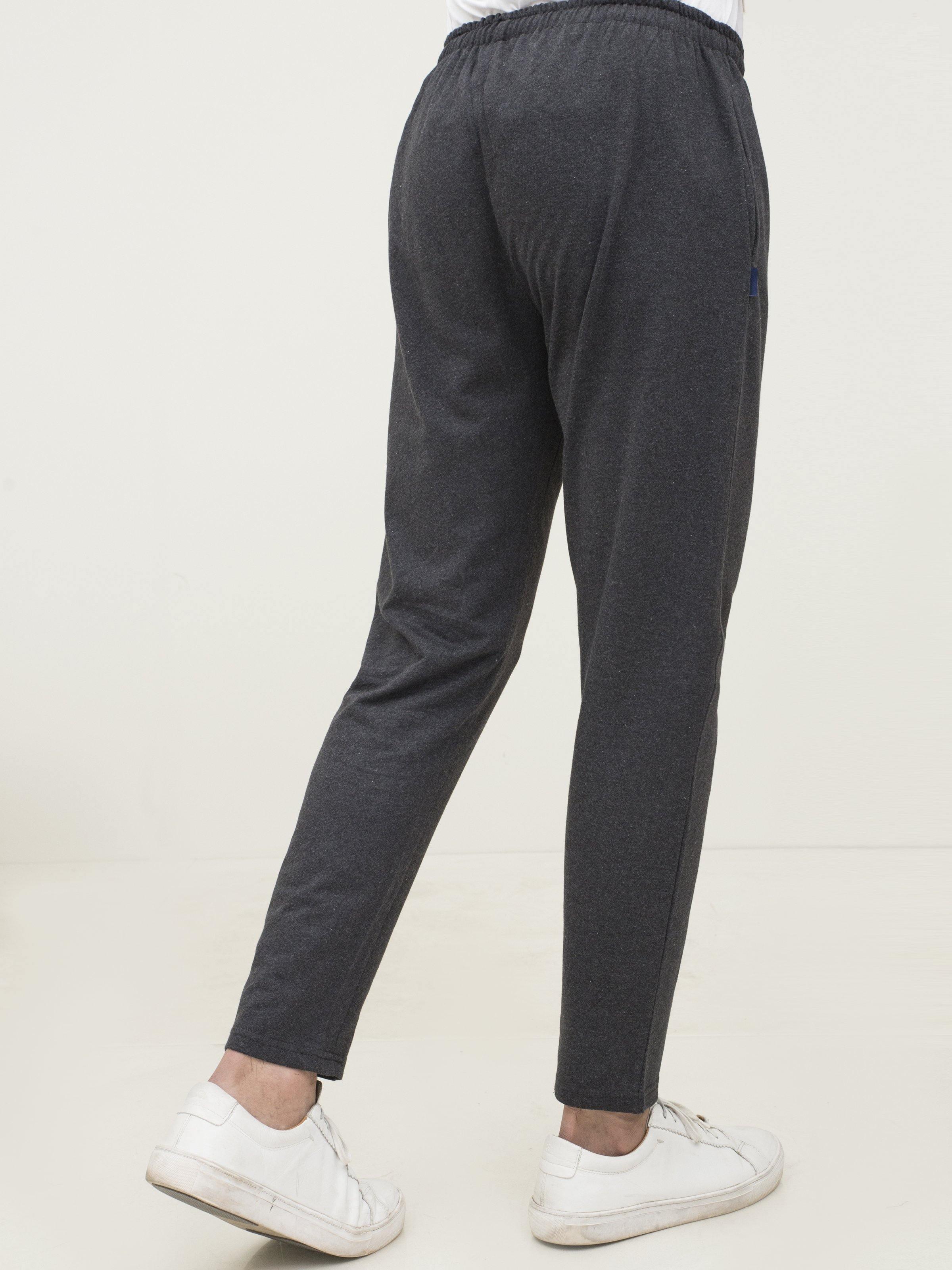 Charcoal melange knit sleep trousers, side view with ankle-length straight leg
