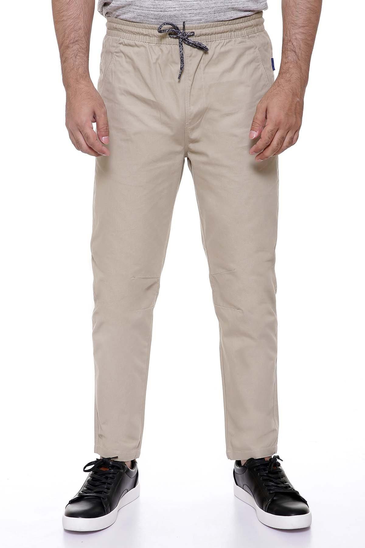 Light brown casual trousers with drawstring waist and front pockets, straight leg