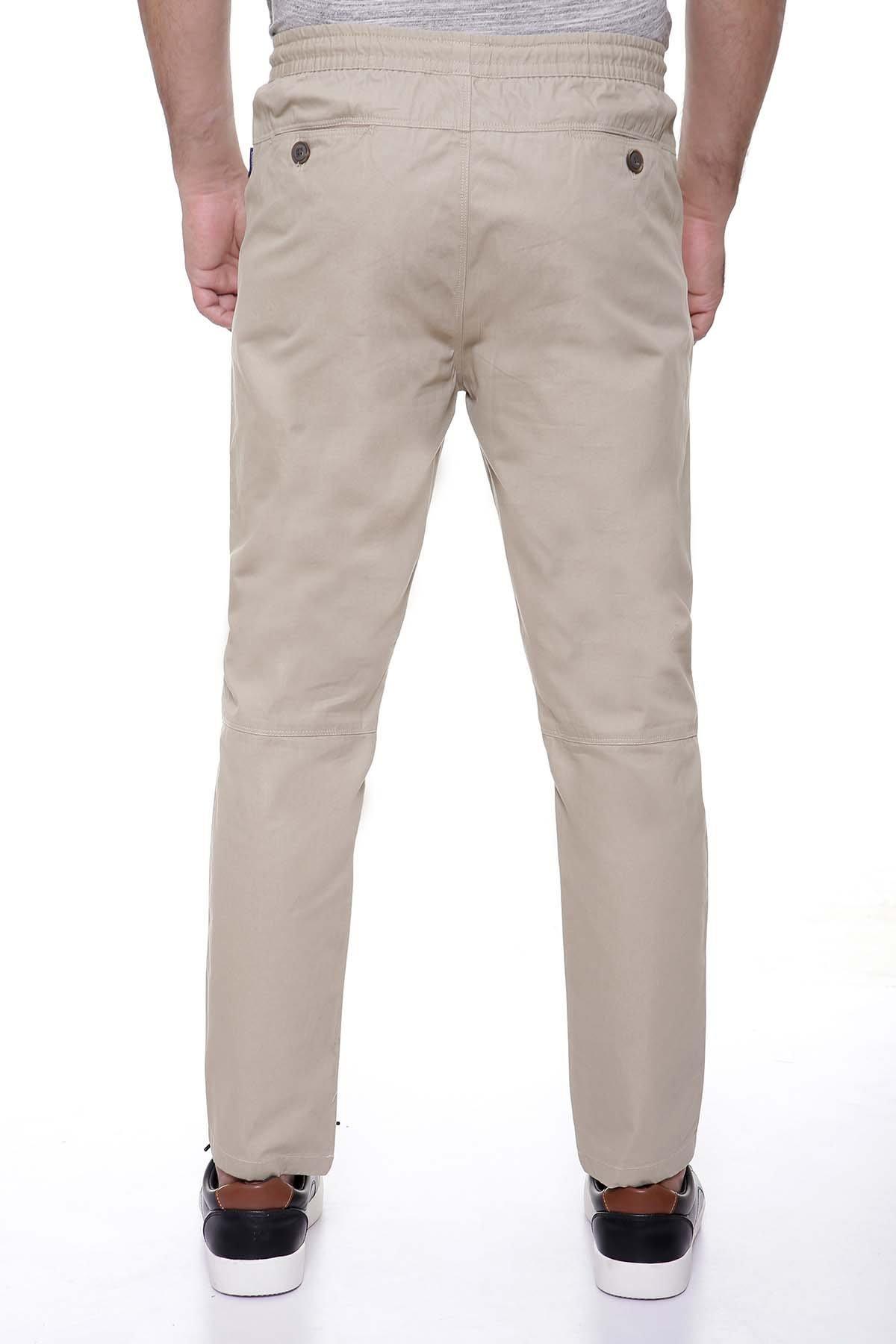 Light brown casual trousers with button waistband and rear pockets, straight leg
