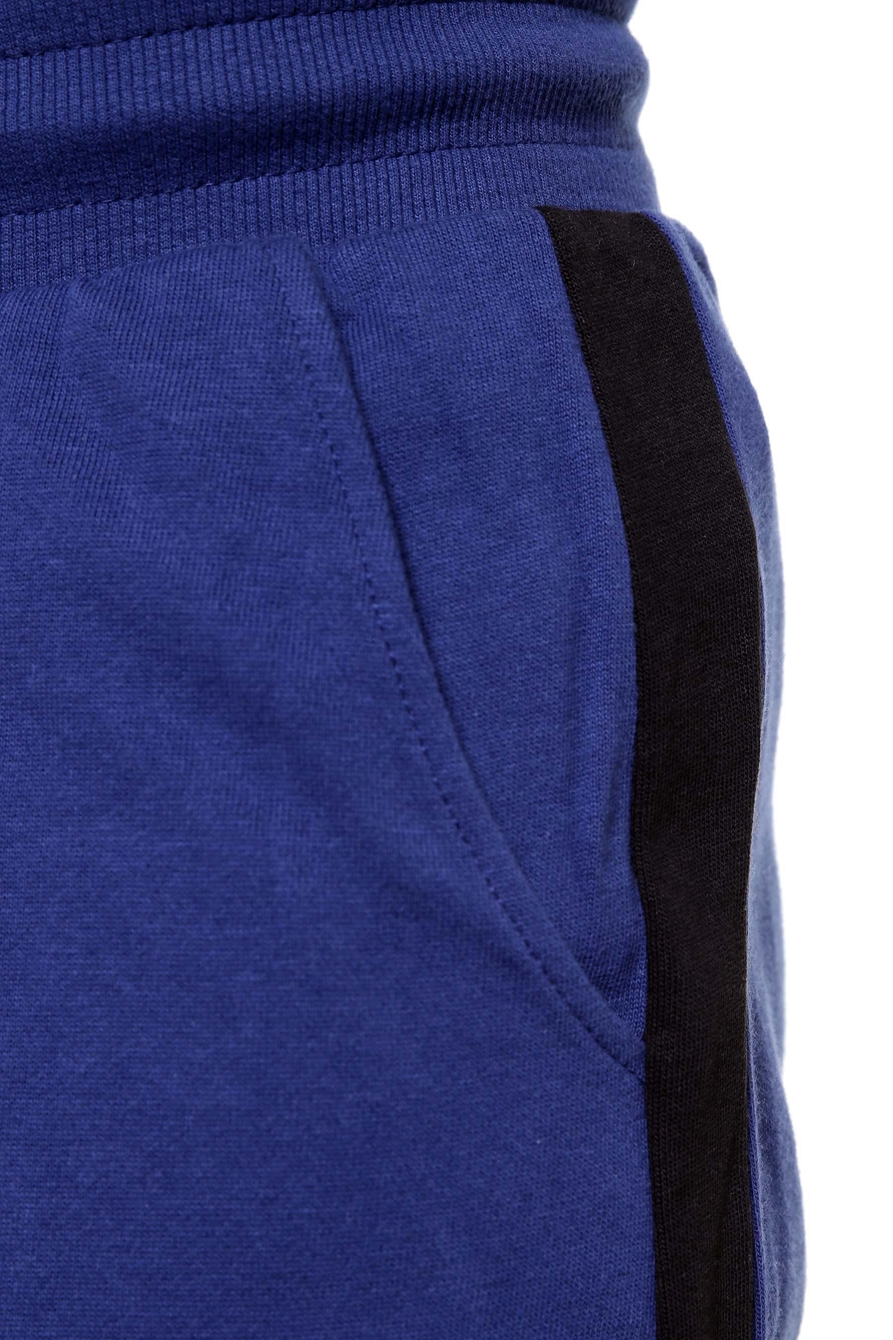 Navy casual trouser side panel and seam detail with black stripe