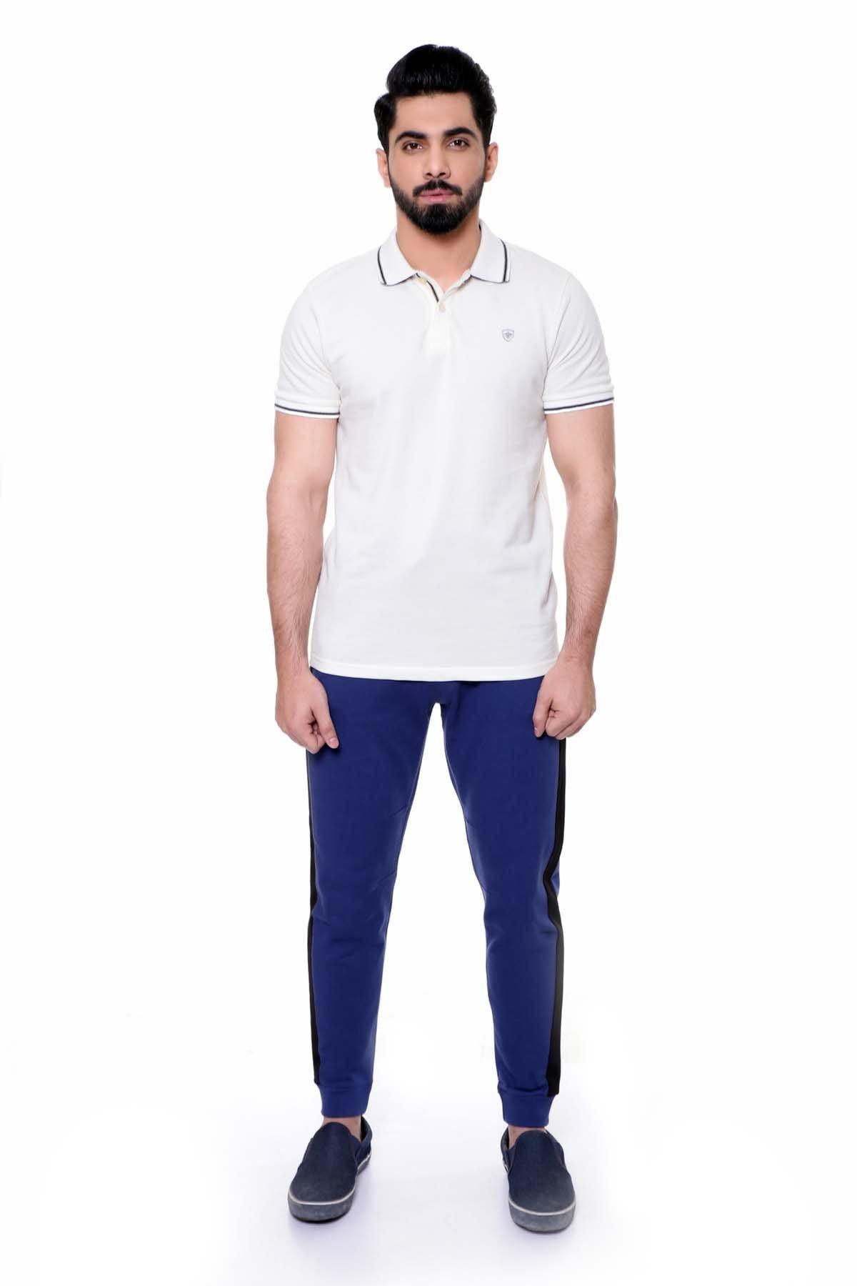 Navy casual trousers with drawstring waist, cuffed legs, and side pockets