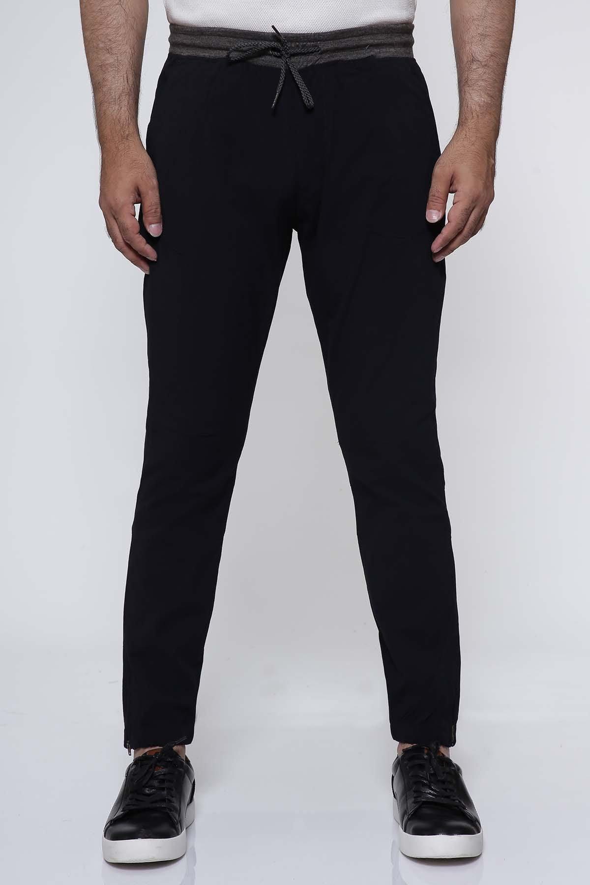 Navy casual trouser with drawstring waist and tapered legs