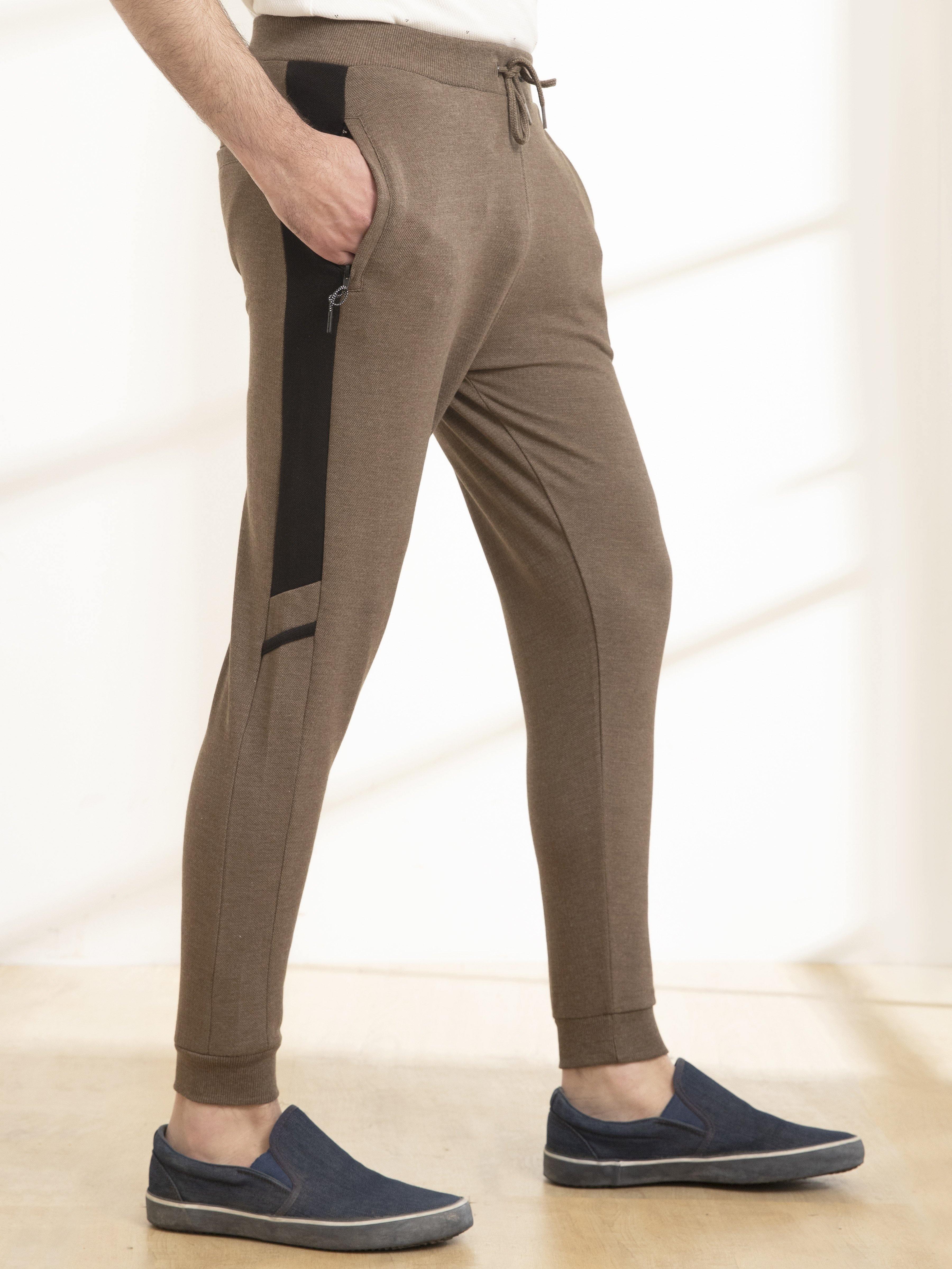 Khaki melange casual trousers with drawstring waistband and side pocket