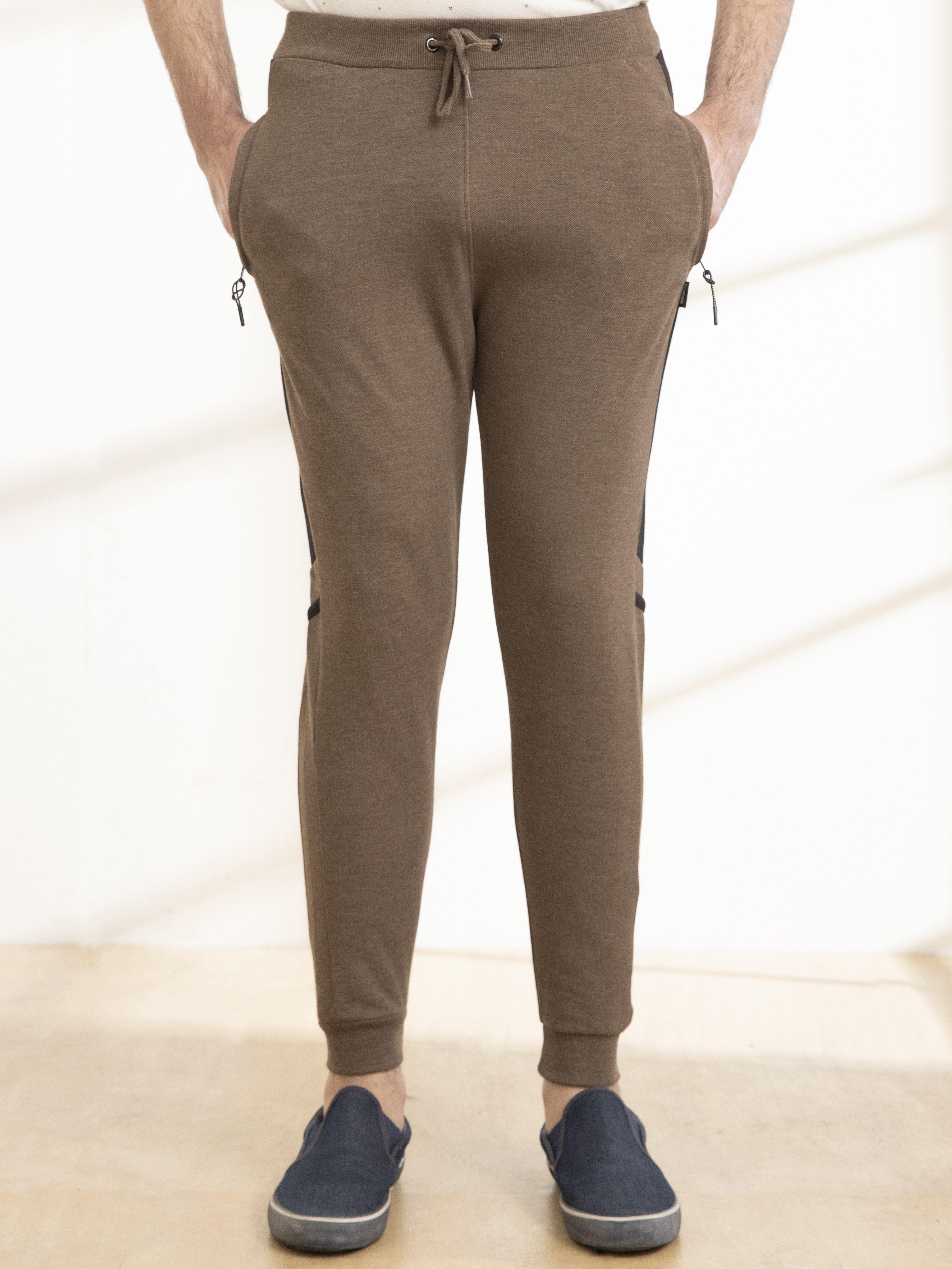 Khaki melange casual trousers with cuffed ankle and drawstring hems
