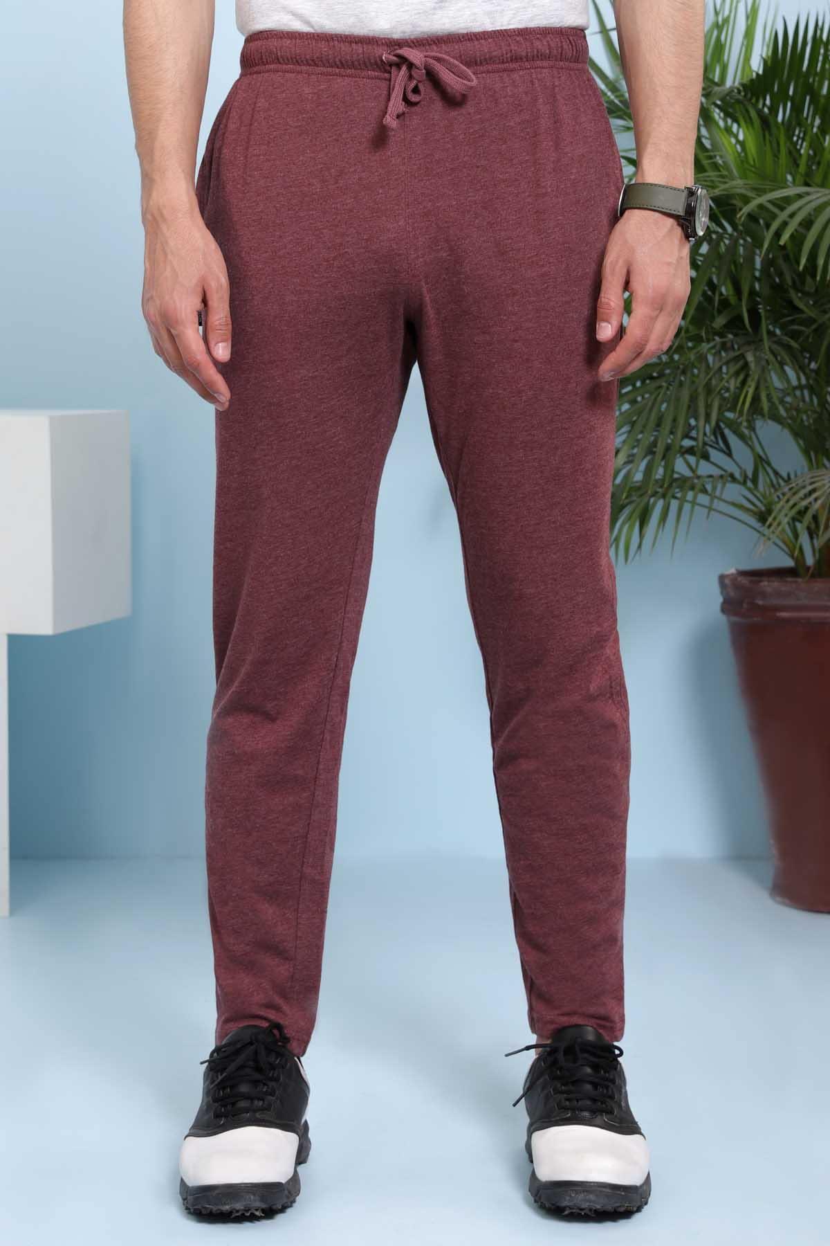 Maroon drawstring sleep trousers with tapered legs and elastic waistband