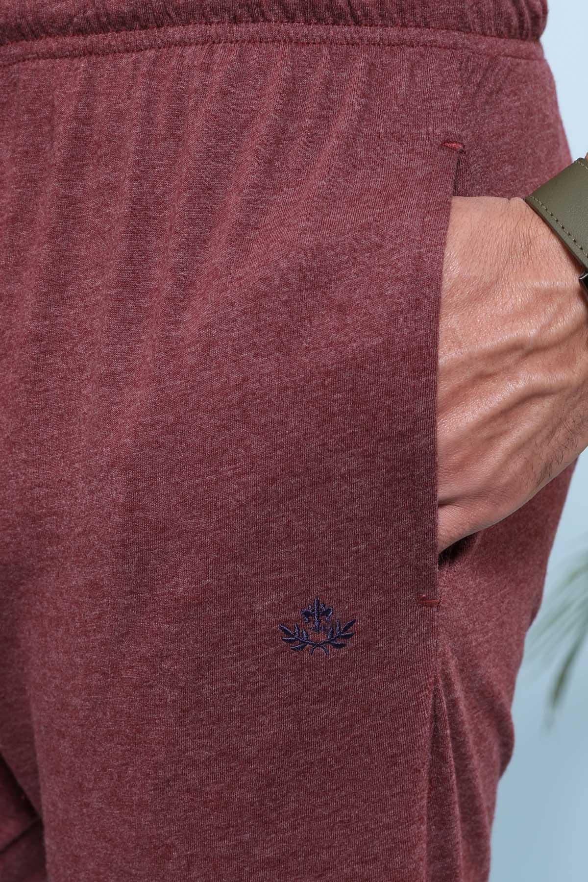 Maroon sleep trousers with embroidered leg logo and drawstring waist detail
