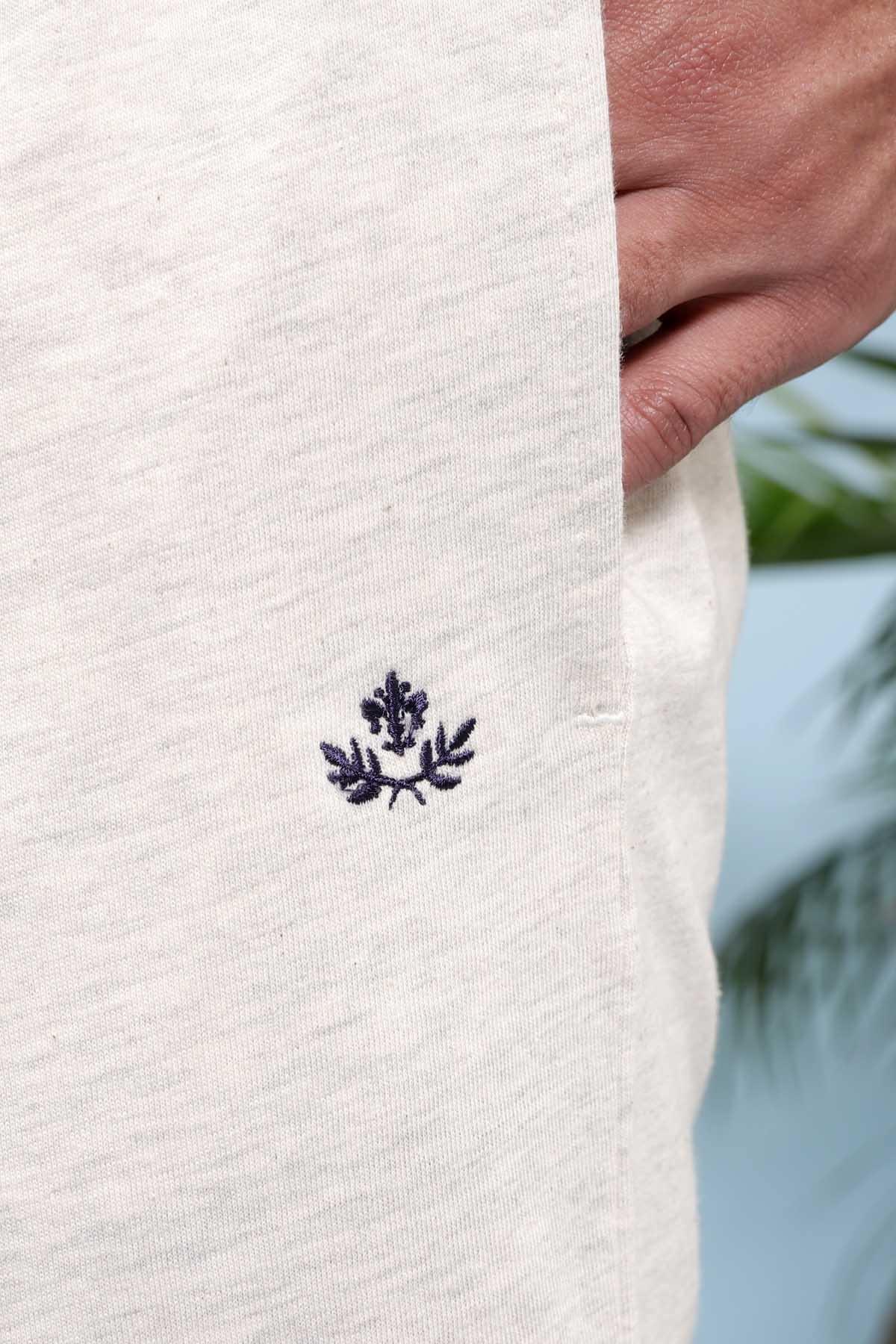 Oatmeal sleepwear trouser thigh patch embroidery in dark blue