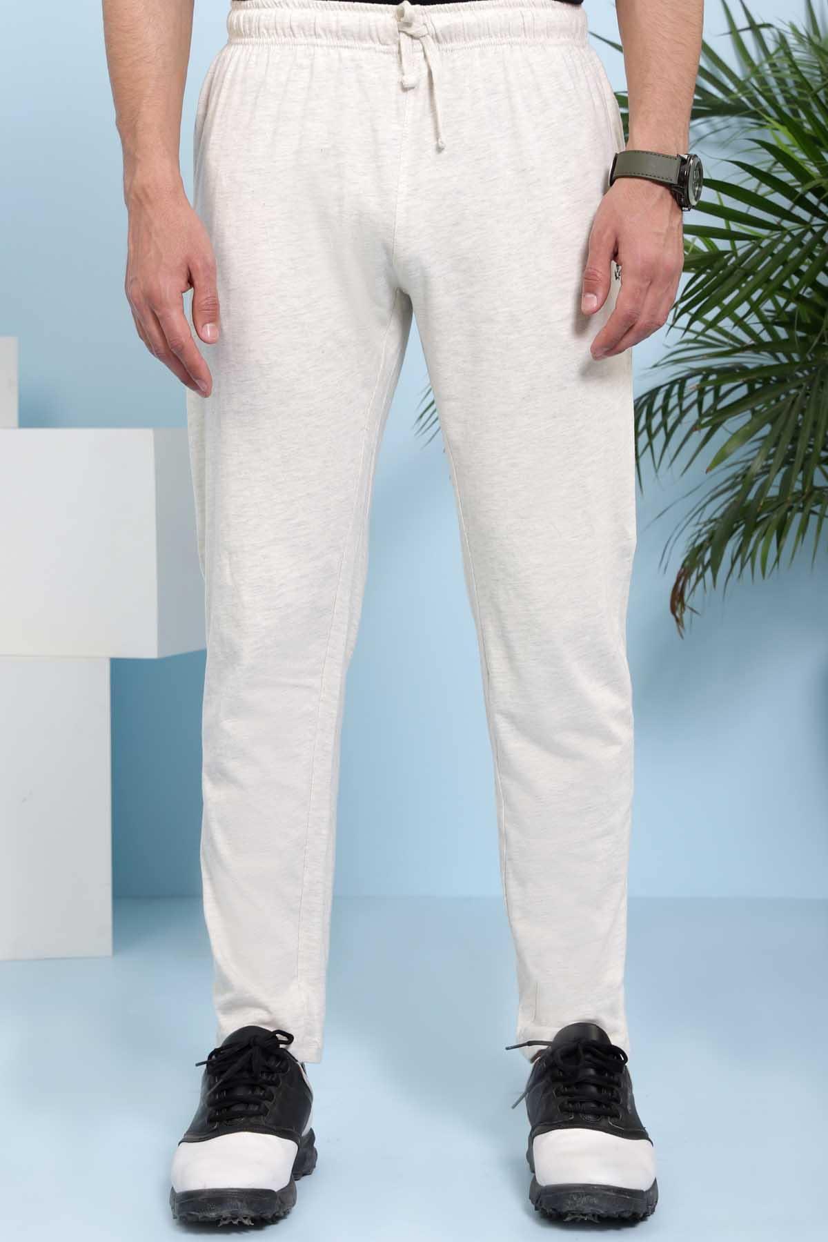 Oatmeal sleepwear trousers, drawstring elastic waist, tapered ankle cuffs