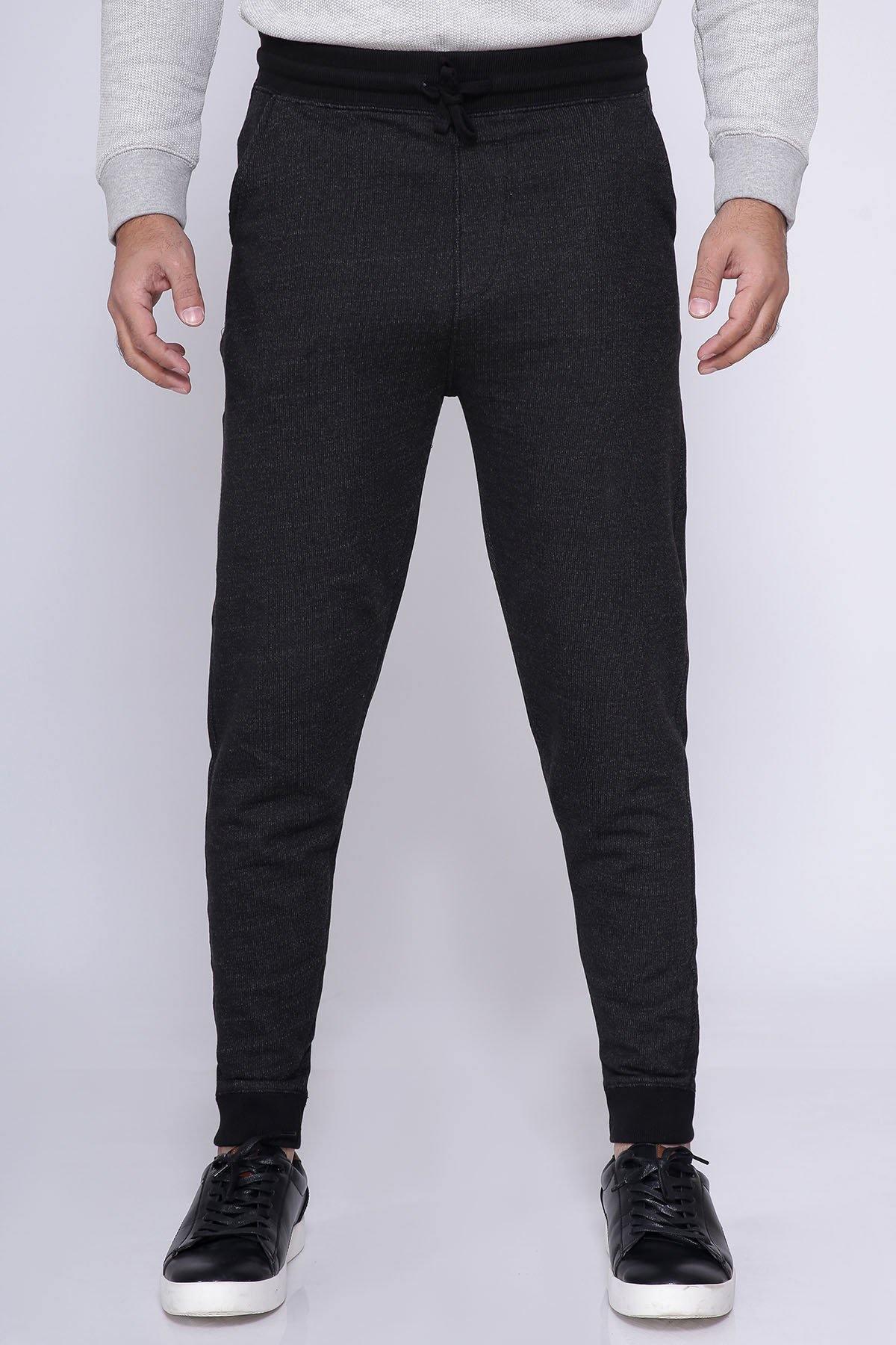Chain yarn trousers, dark black with drawstring and tapered legs