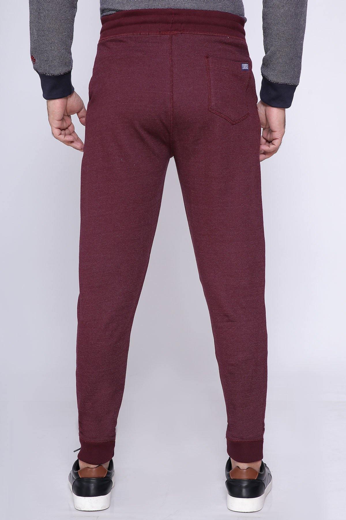 Maroon trousers with back welt pocket and tapered ankle fit