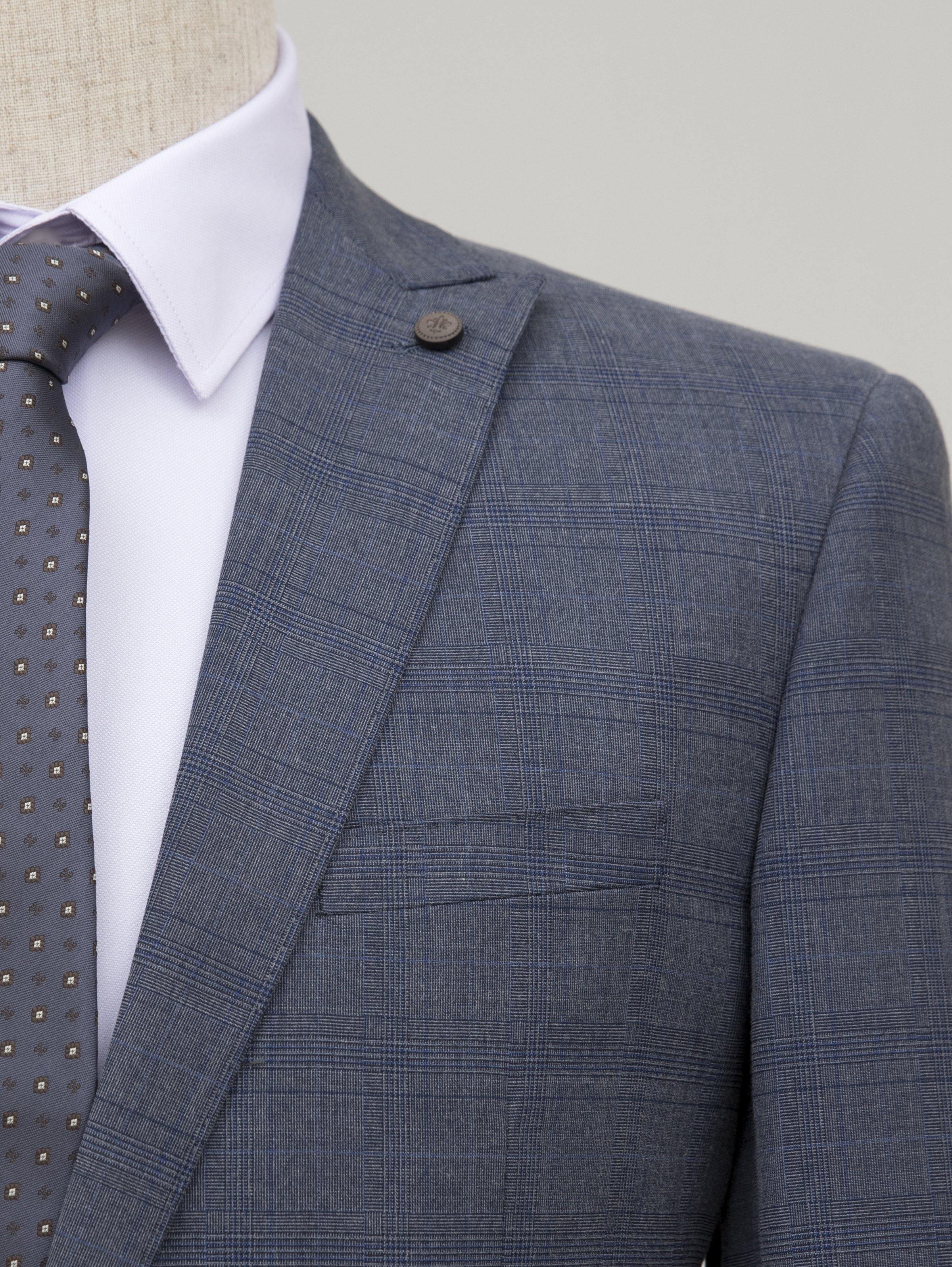 CHECK SUIT 2 BUTTON BLUE GREY at Charcoal Clothing