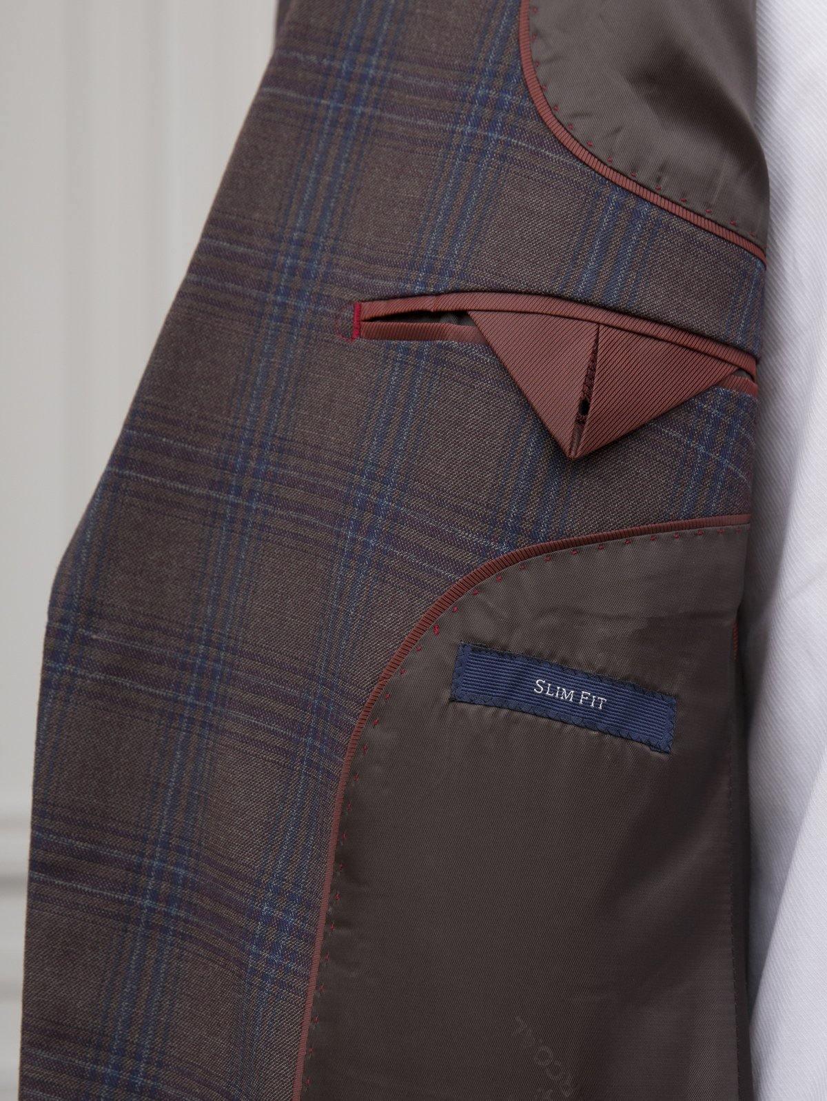 Brown check suit jacket interior pocket with Slim Fit label