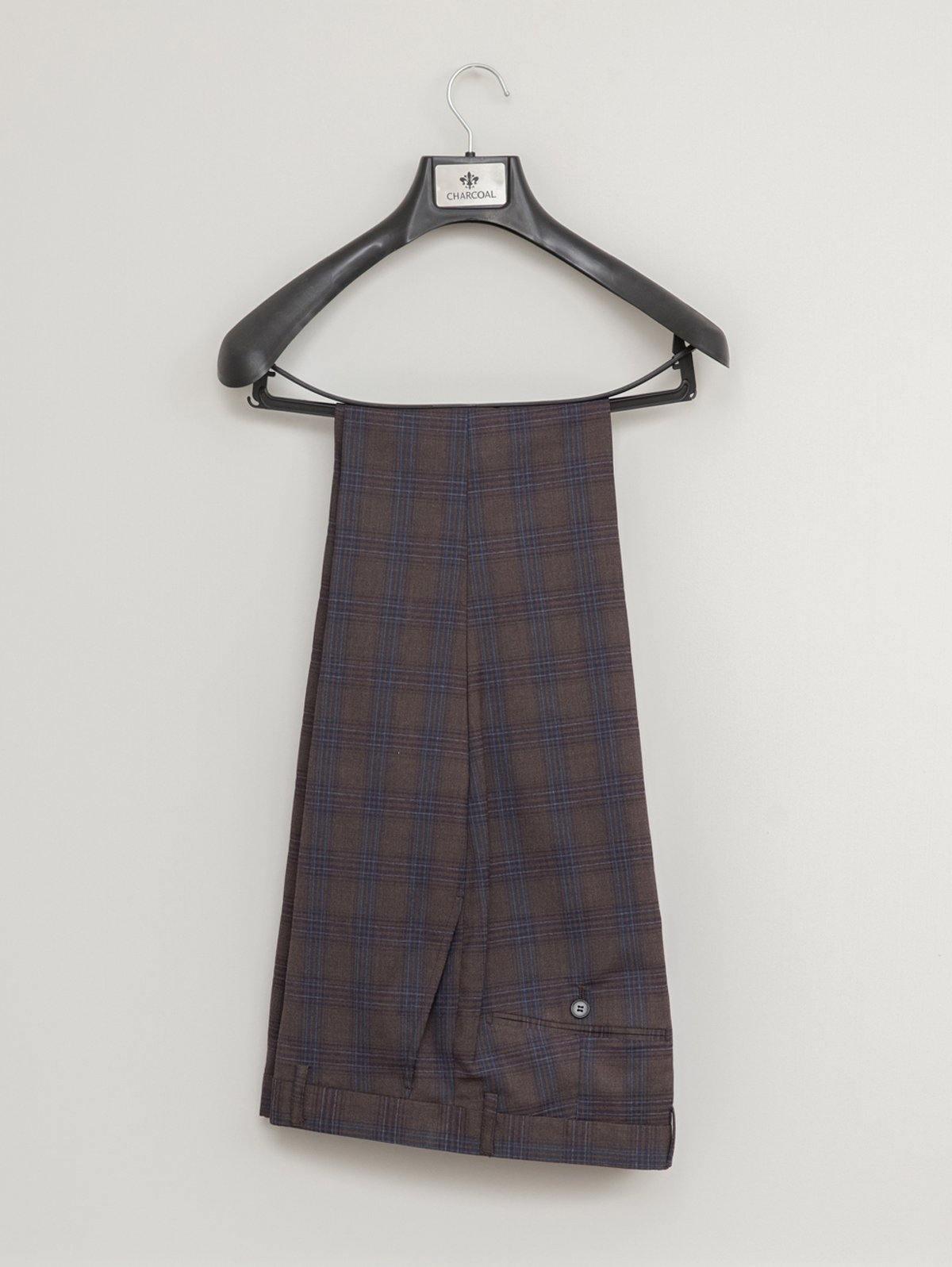 Brown check suit trousers with waistband and single button closure