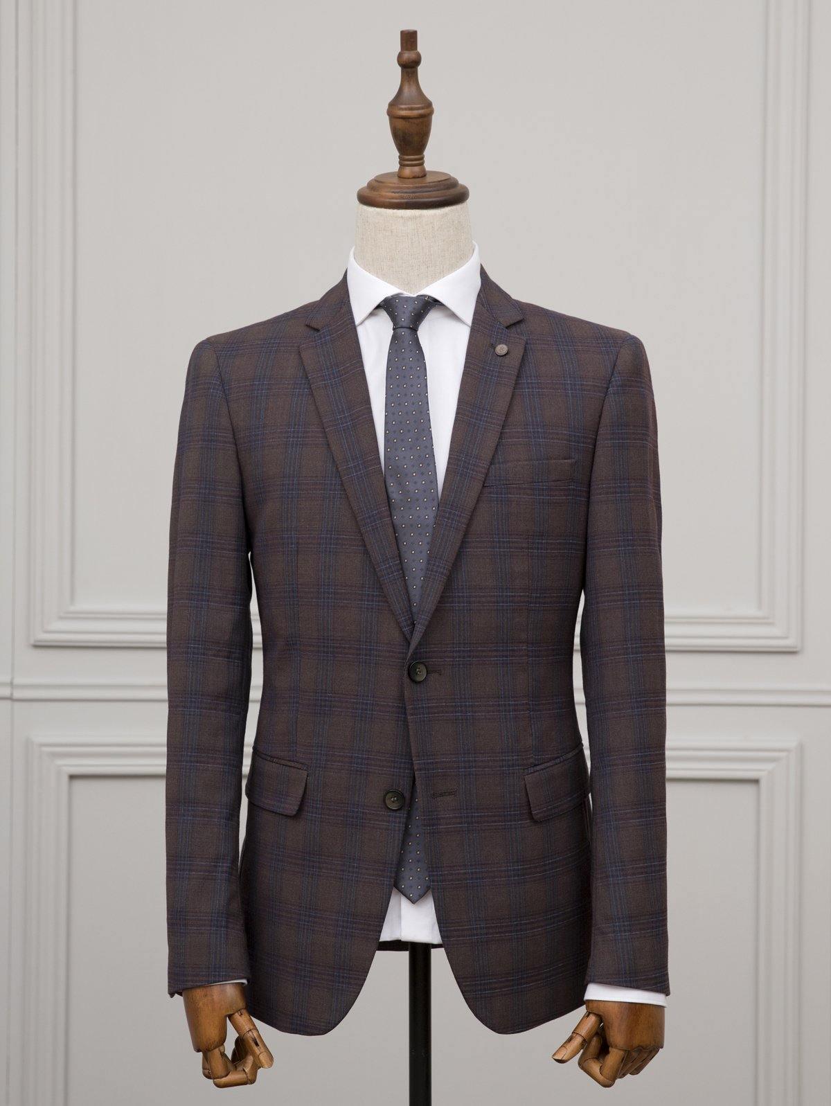 Brown check 2-button suit jacket with notch lapels and two front buttons