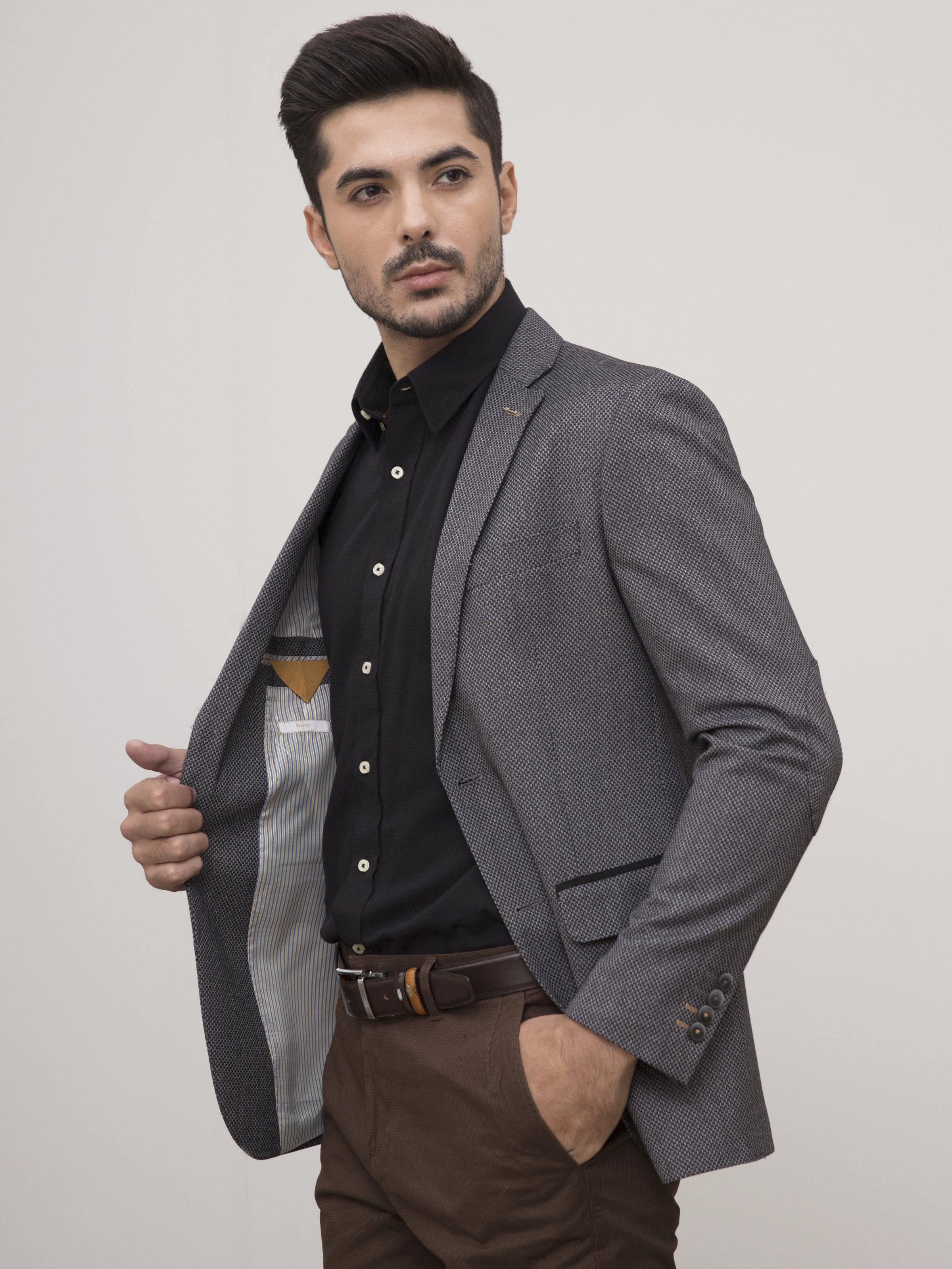 COAT 2 BUTTON SLIM FIT BLACK GREY at Charcoal Clothing