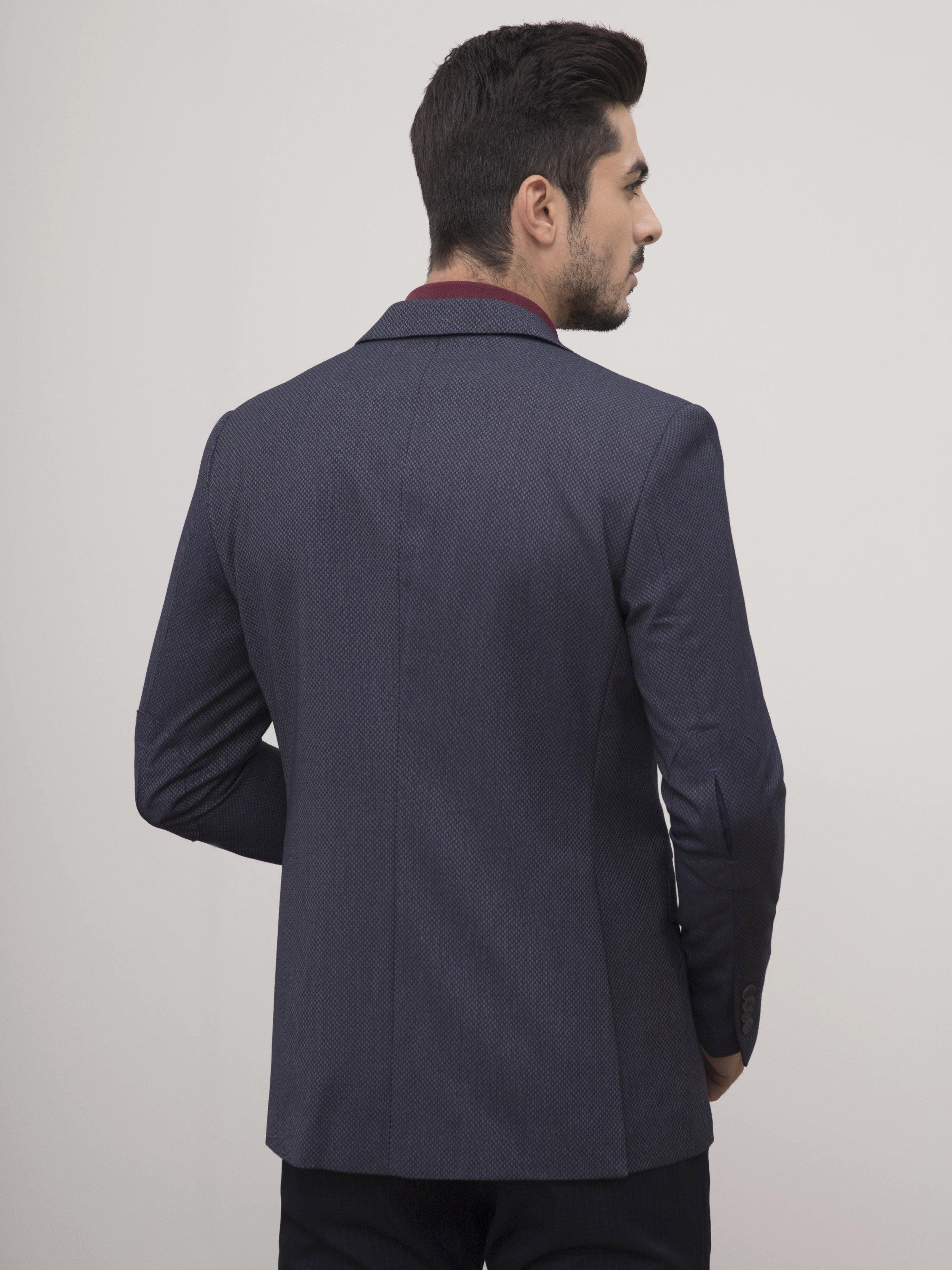 Slim-fit two-button coat in dark navy, back view with center seam and back vent