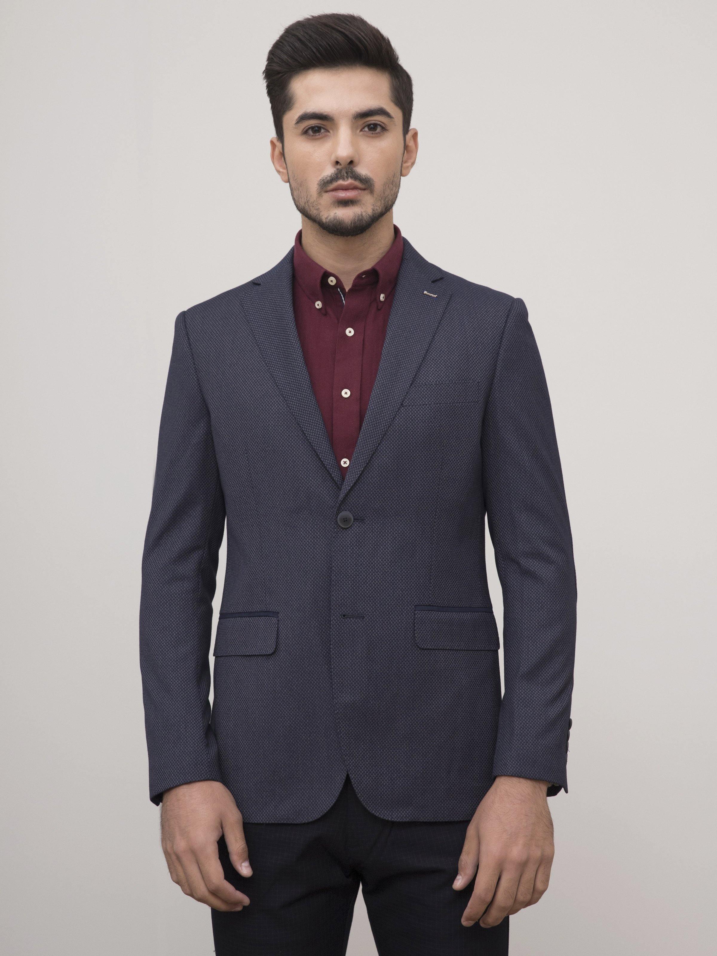 Slim-fit two-button coat in dark navy, front view with notch lapels and flap pockets