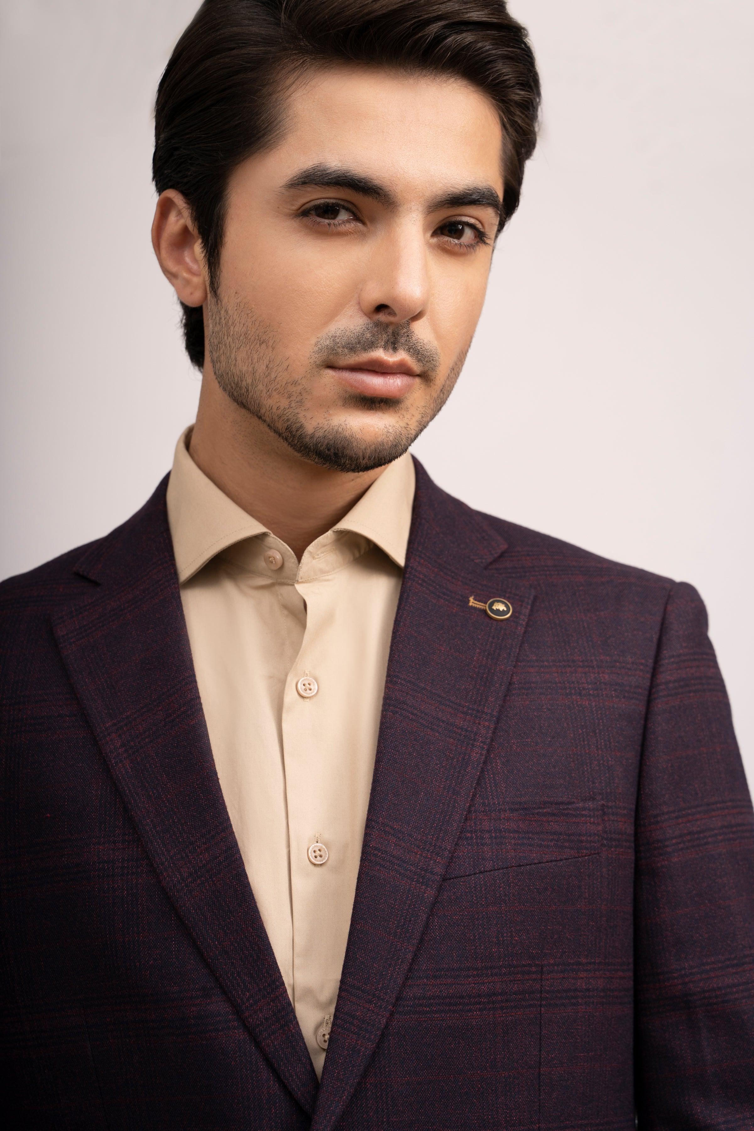 COAT SLIM FIT MAROON BLACK at Charcoal Clothing
