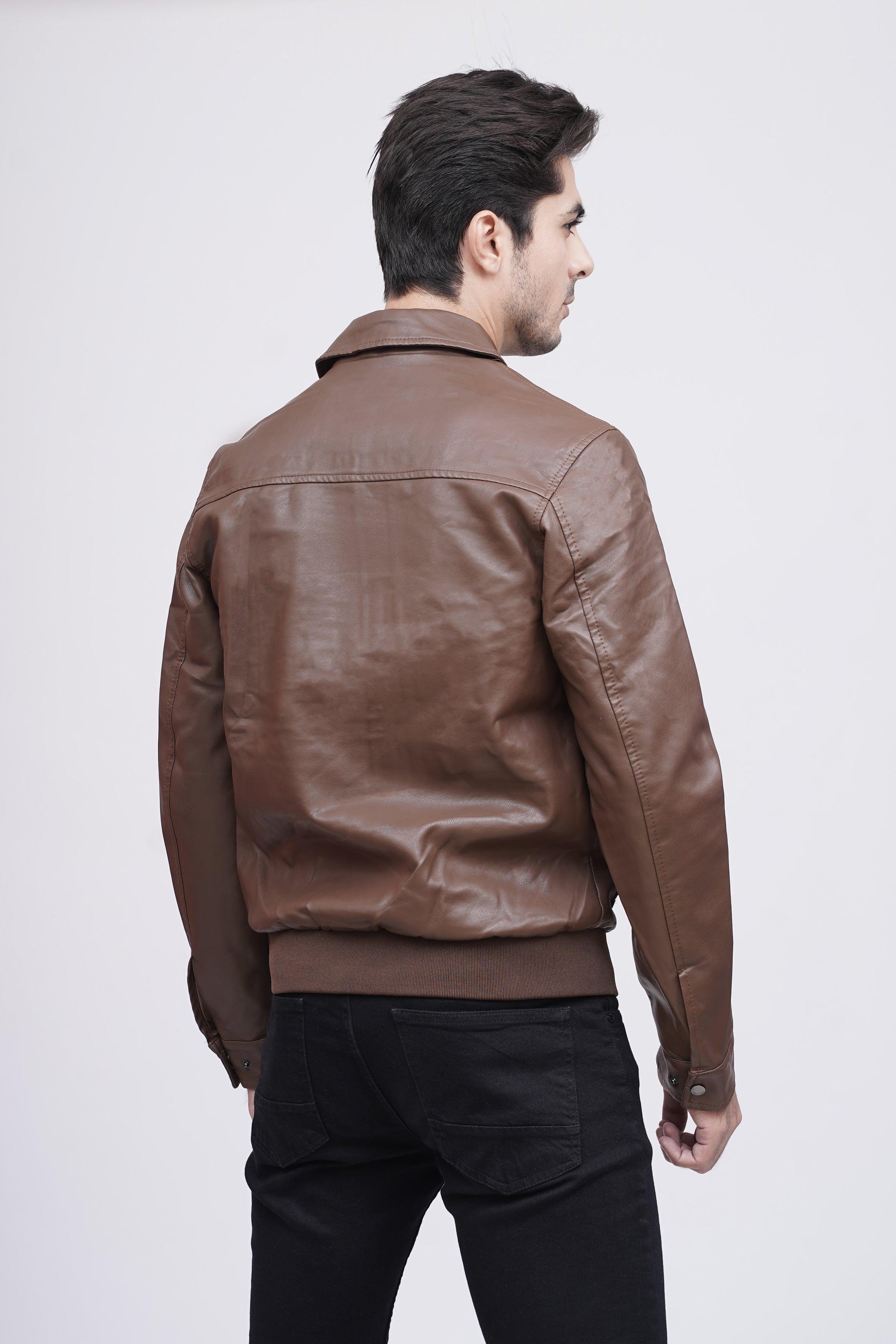 COLLAR PU LEATHER JACKET BROWN at Charcoal Clothing