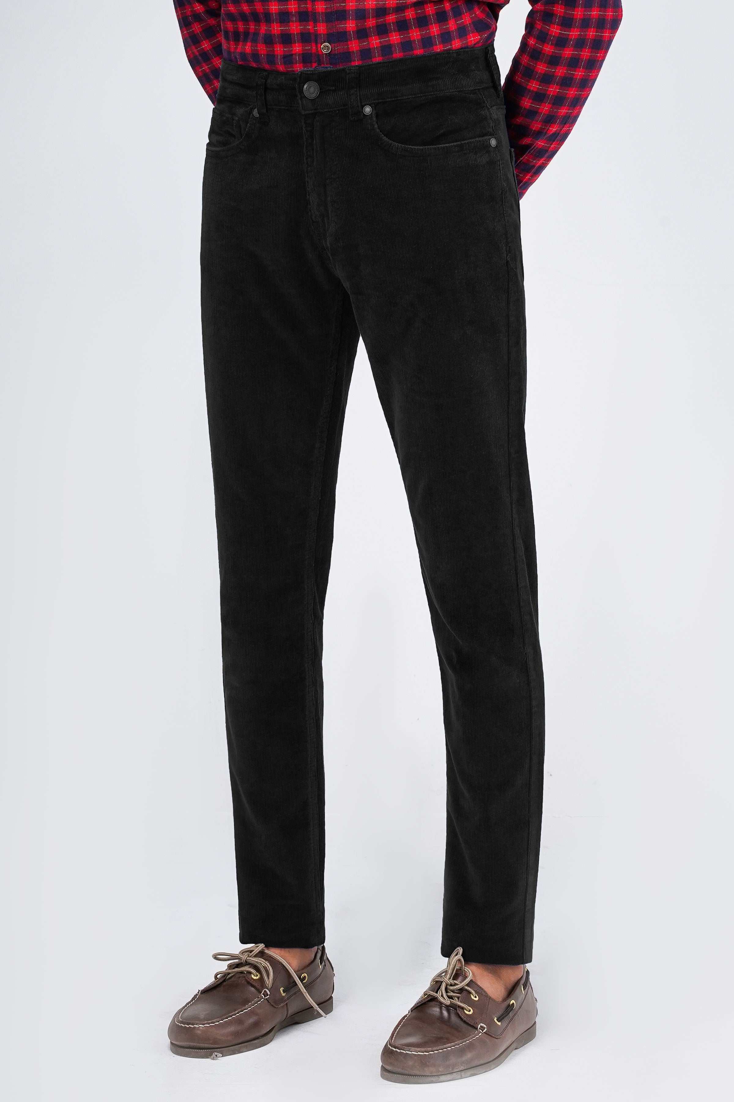 Black corduroy 5-pocket pant, front view with button closure and belt loops