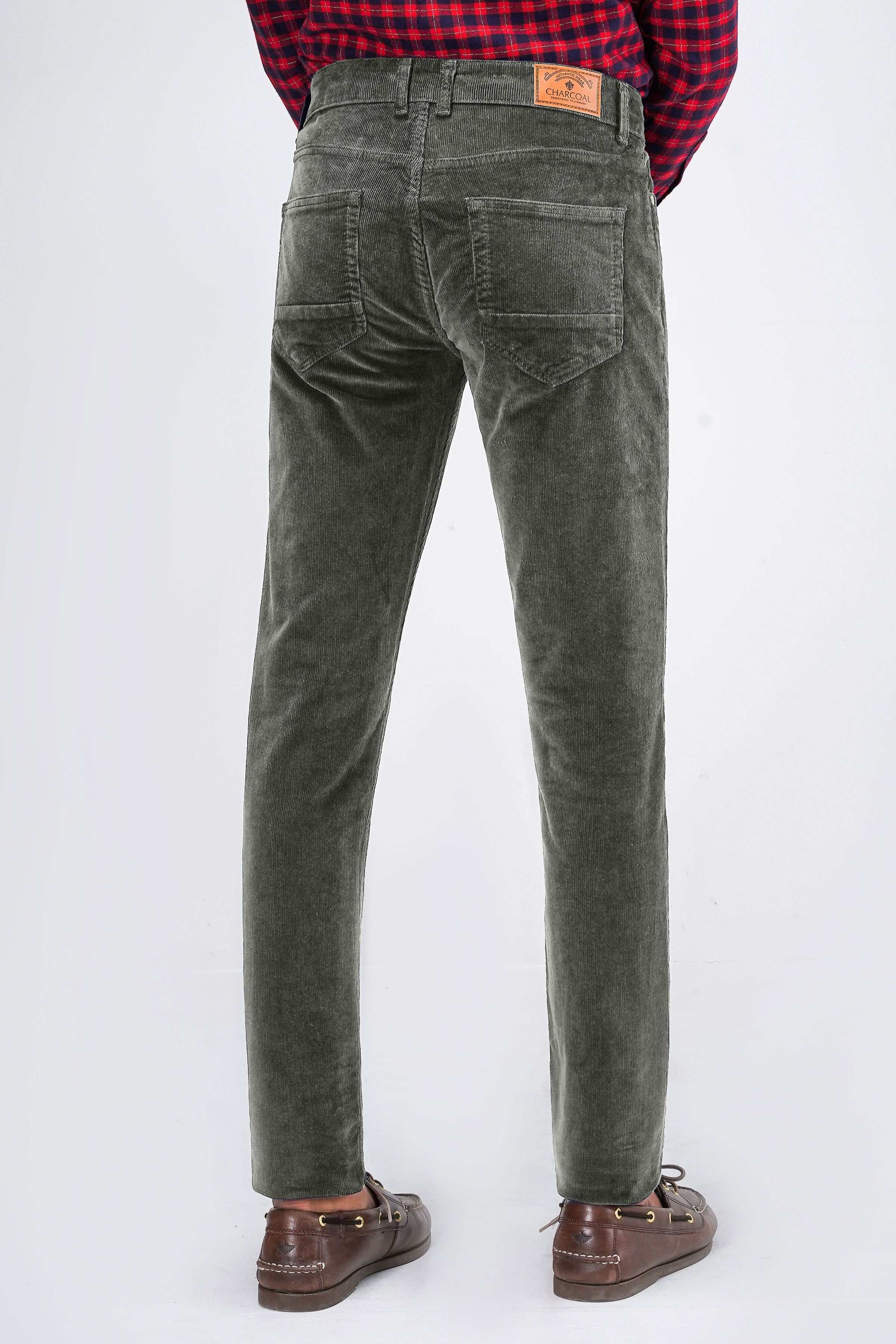 Charcoal corduroy 5-pocket pant, back view, logo patch on waistband