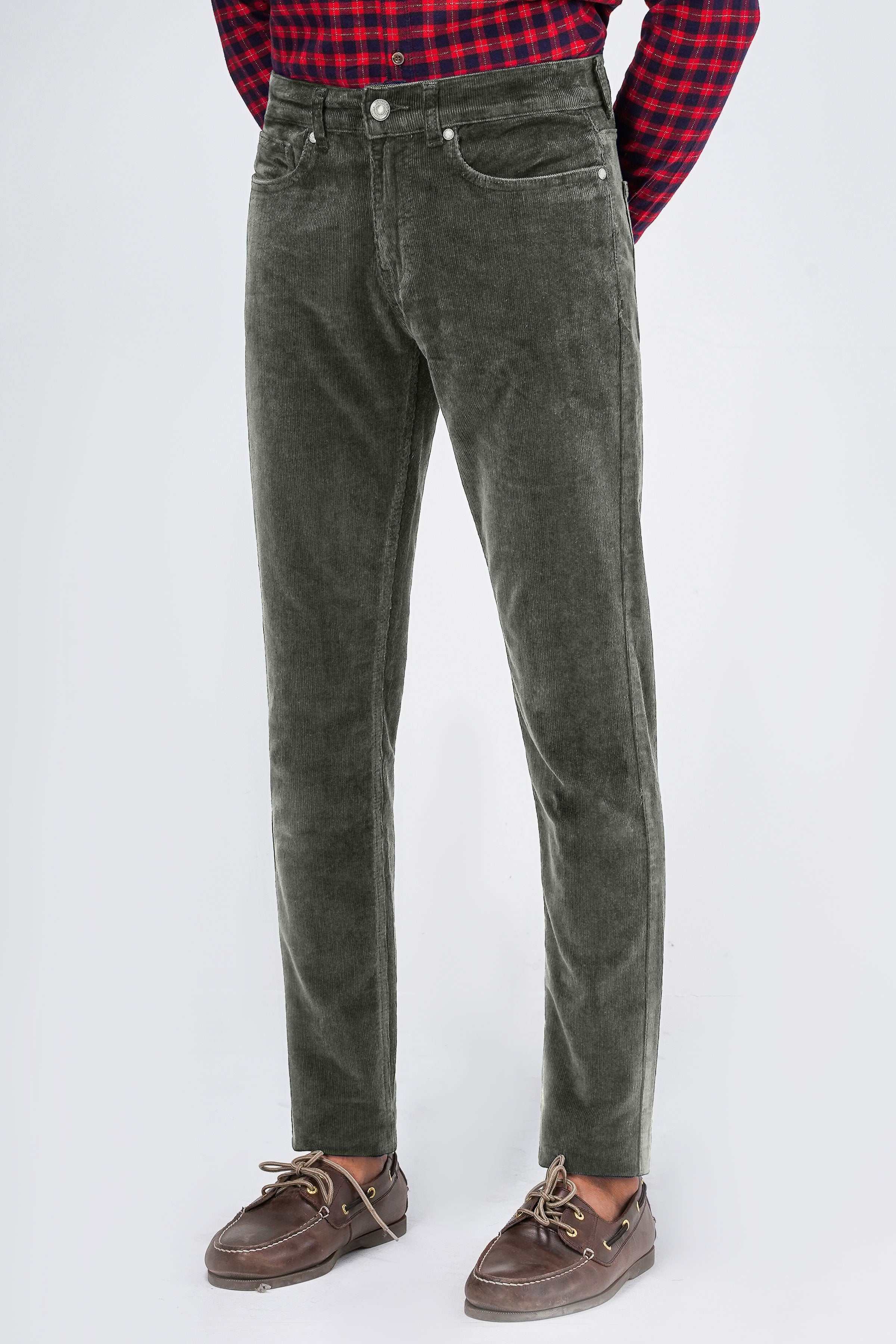 Charcoal corduroy 5-pocket pants, front view, button fly and straight leg