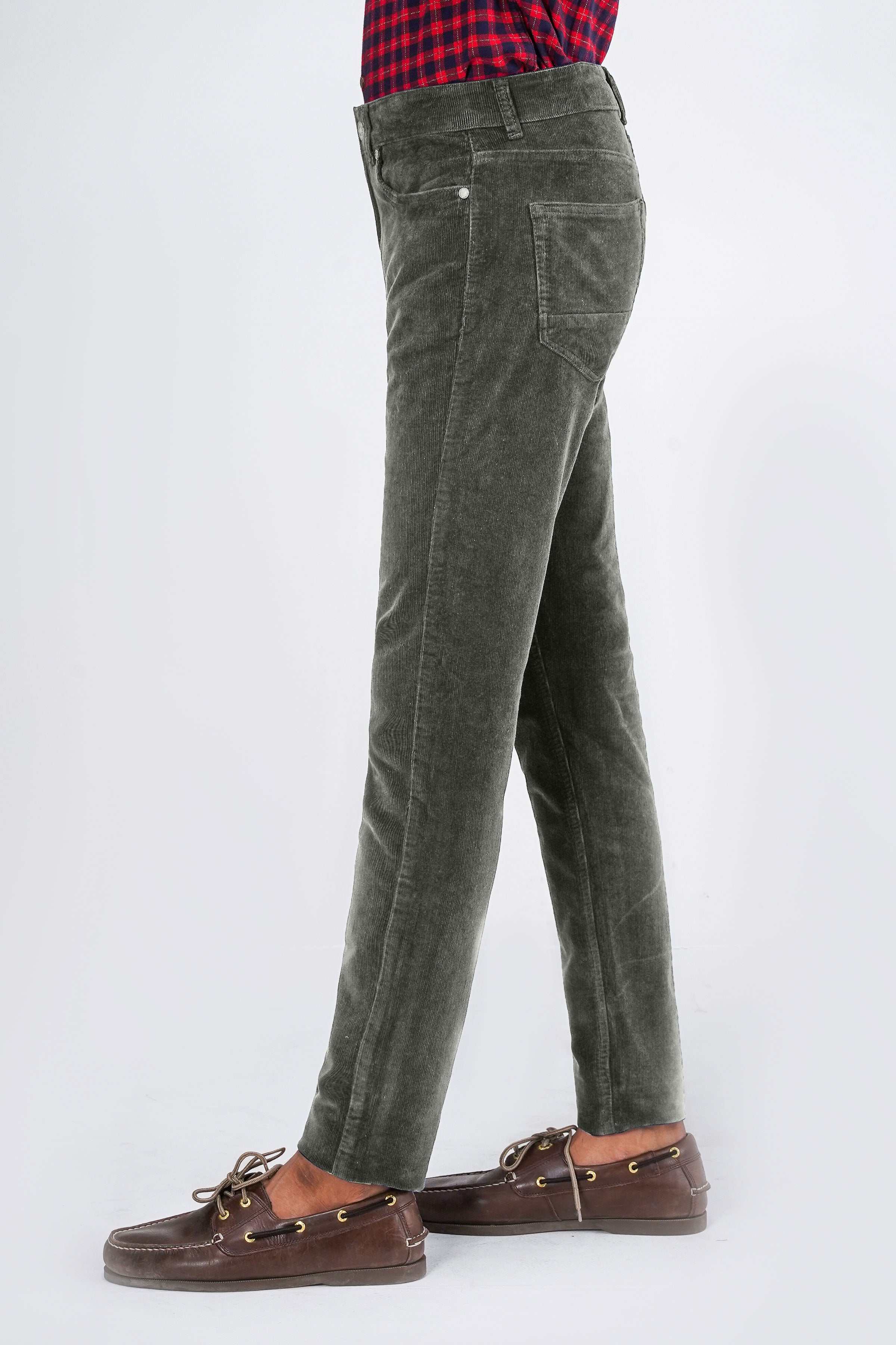 Charcoal corduroy 5-pocket pant with straight leg and belt loops