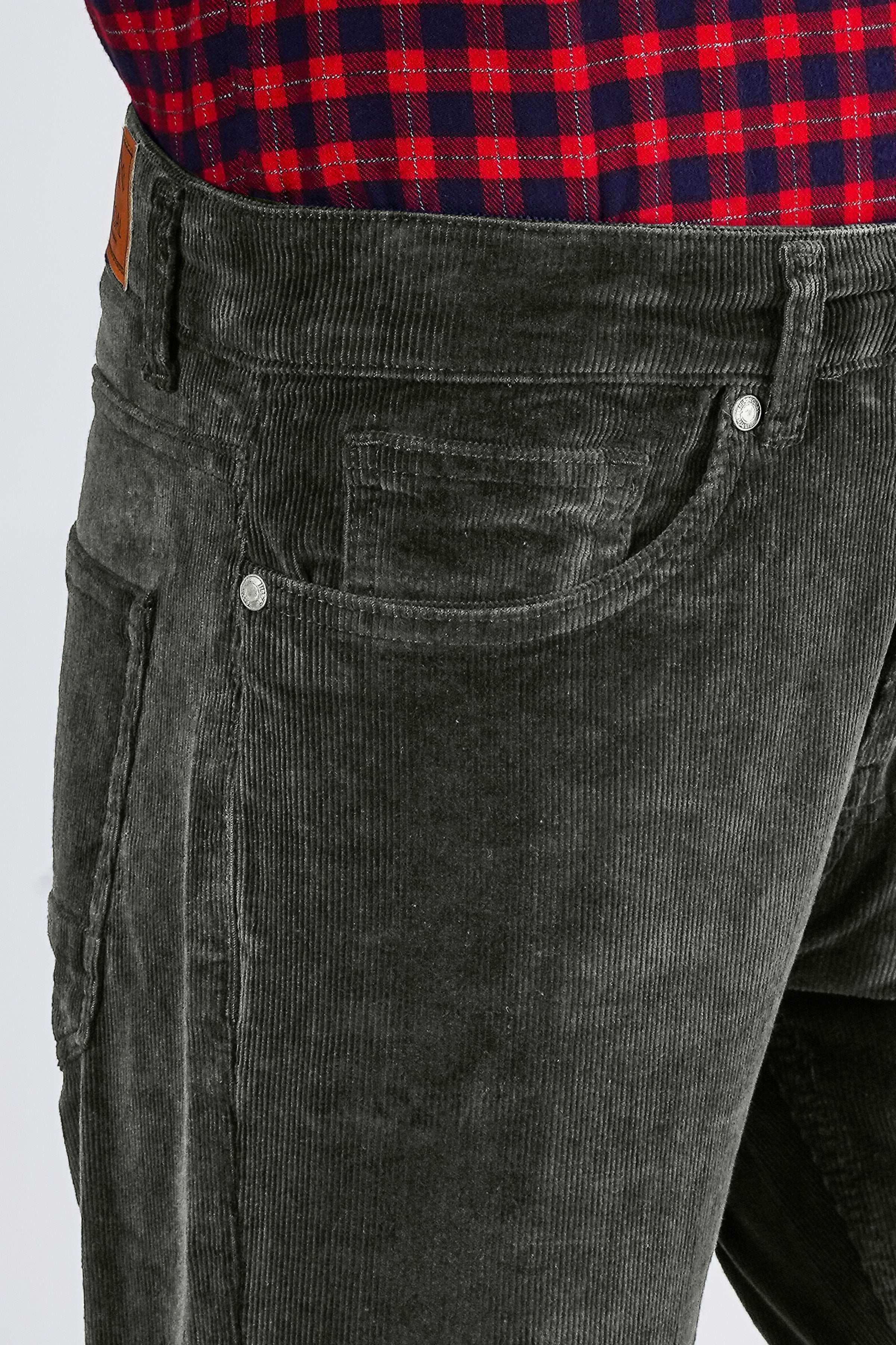 Charcoal corduroy 5-pocket pant close-up, coin pocket and front button