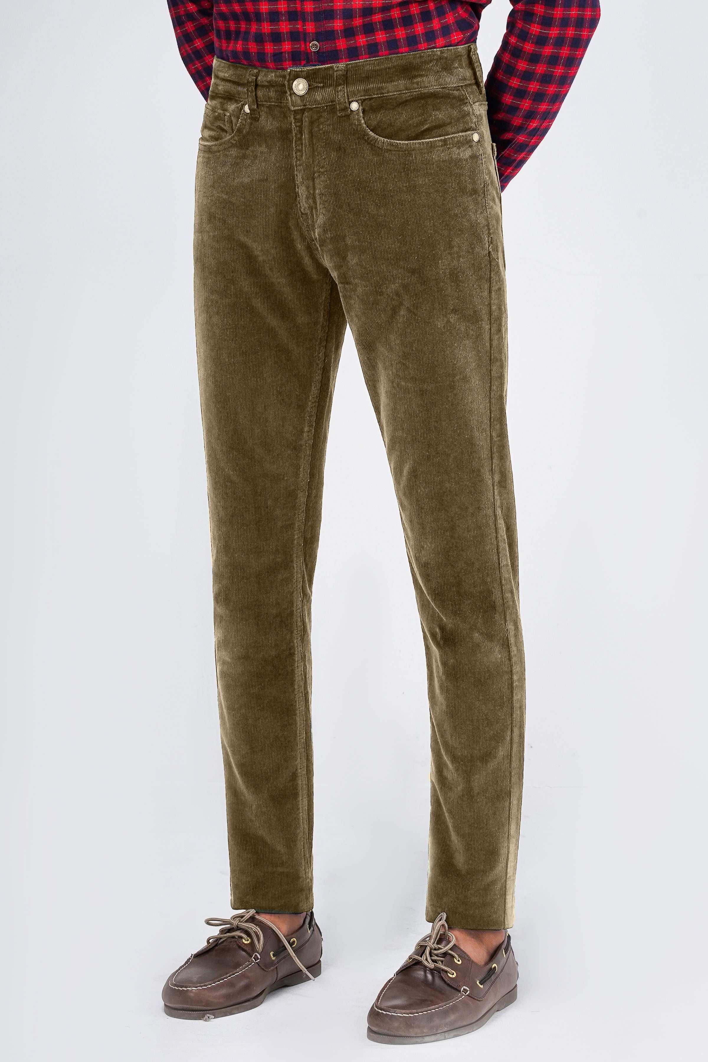Dark khaki corduroy 5-pocket pants, slim-straight fit with front pockets and button fly.