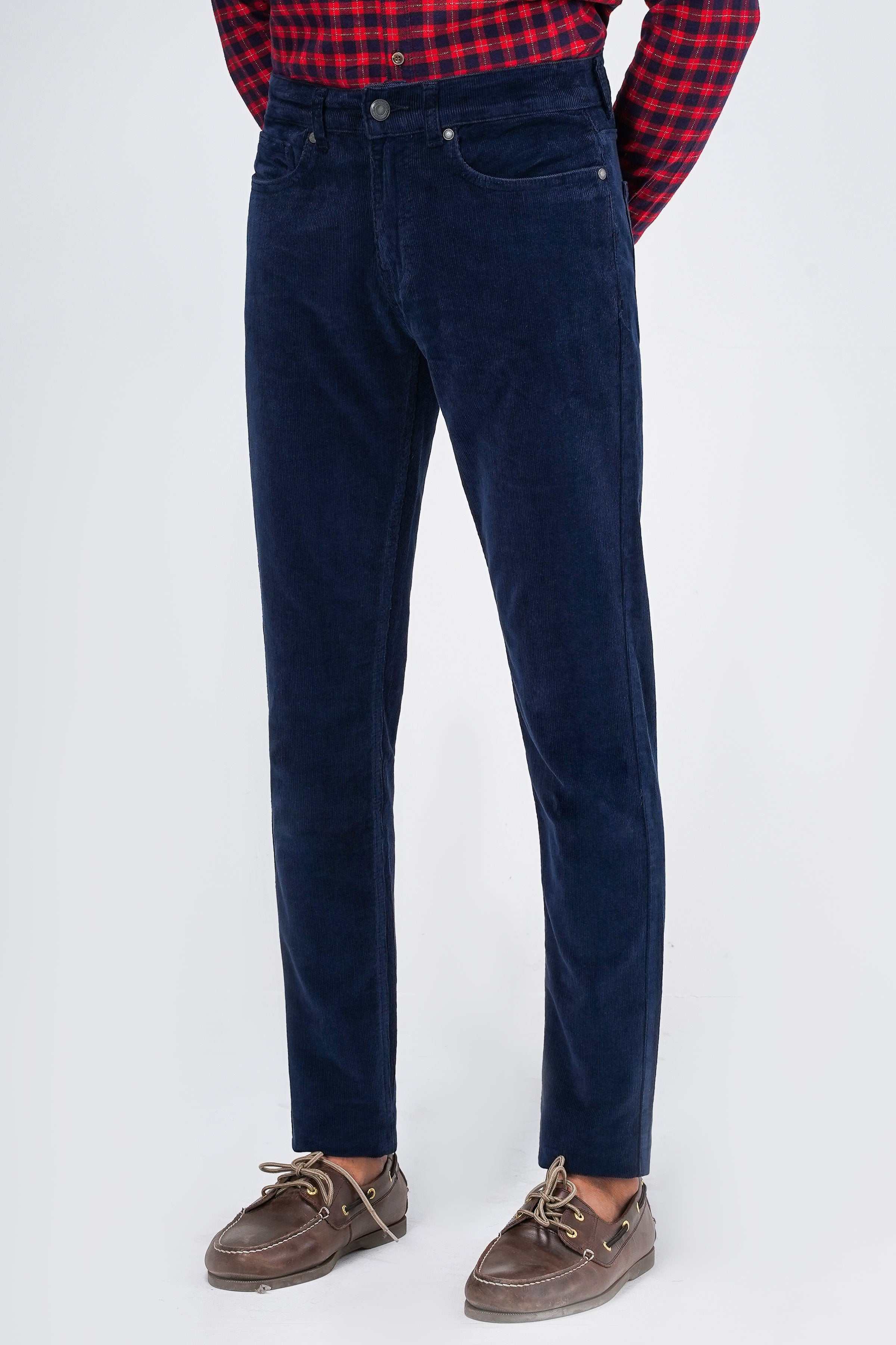 Navy corduroy 5-pocket pant, front view with five-pocket styling and belt loops