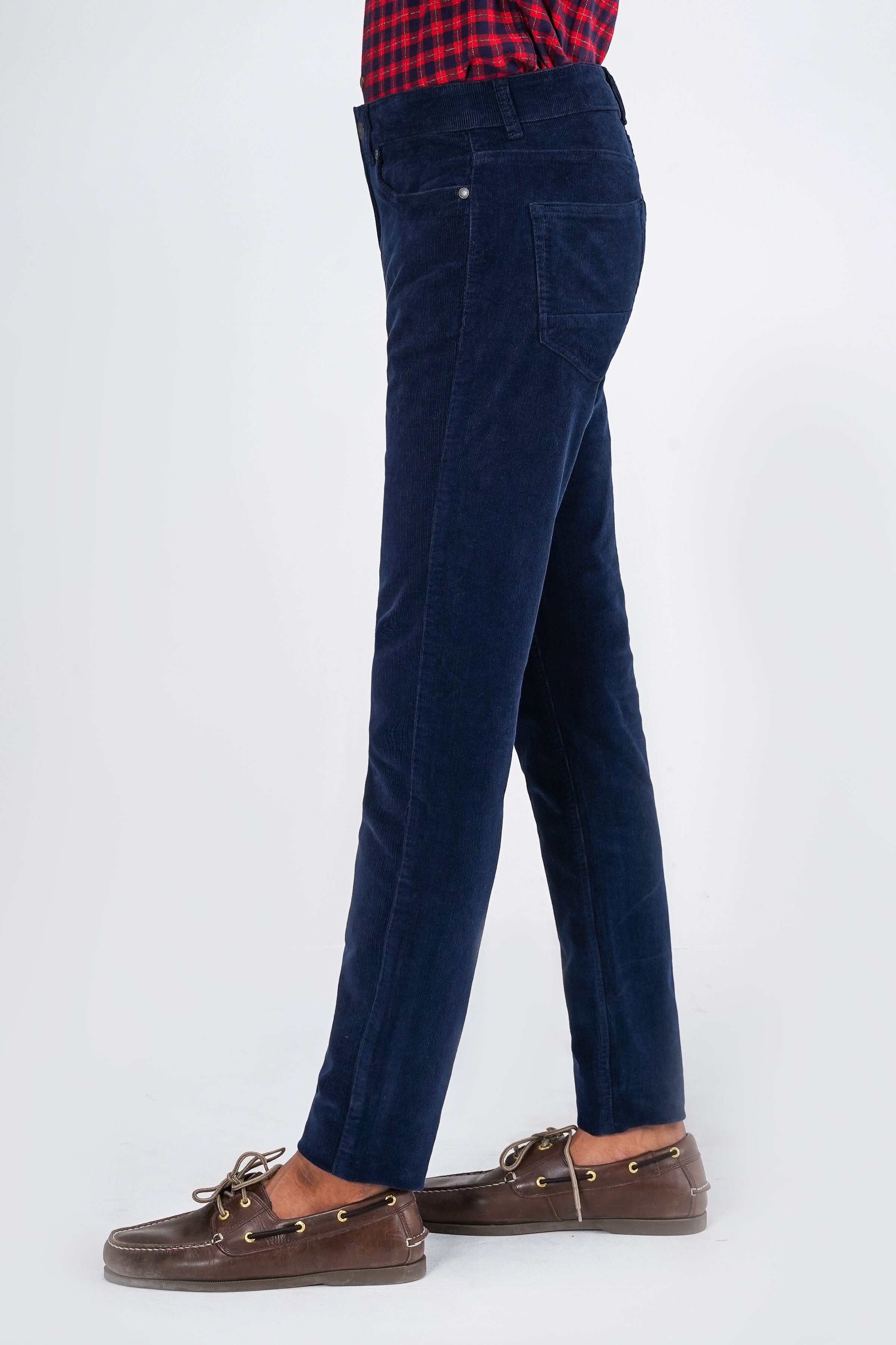 Navy corduroy 5-pocket pant, side view, straight leg with button fly