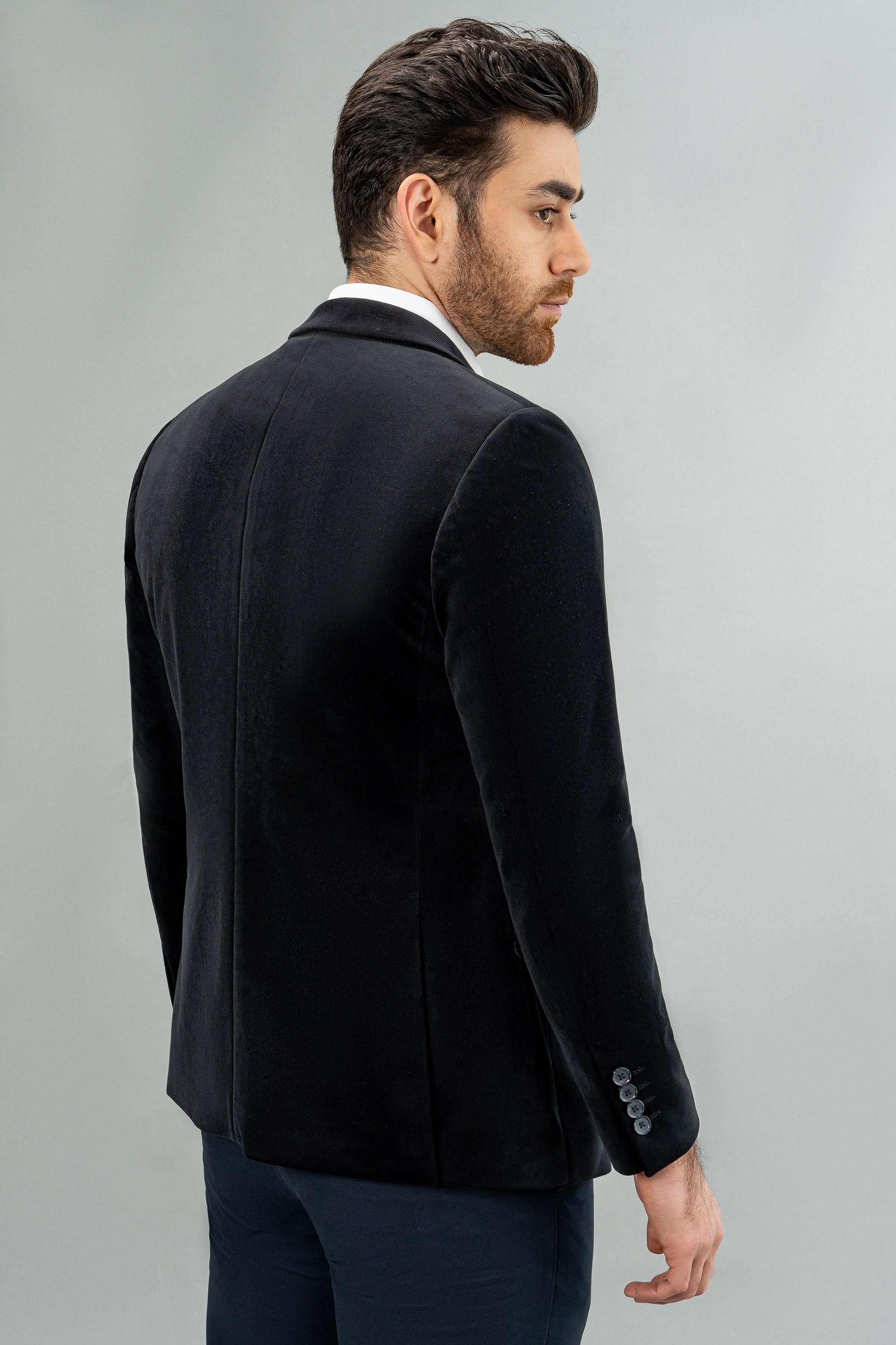 Black corduroy casual coat back/side view with notch lapel and single-breasted cut