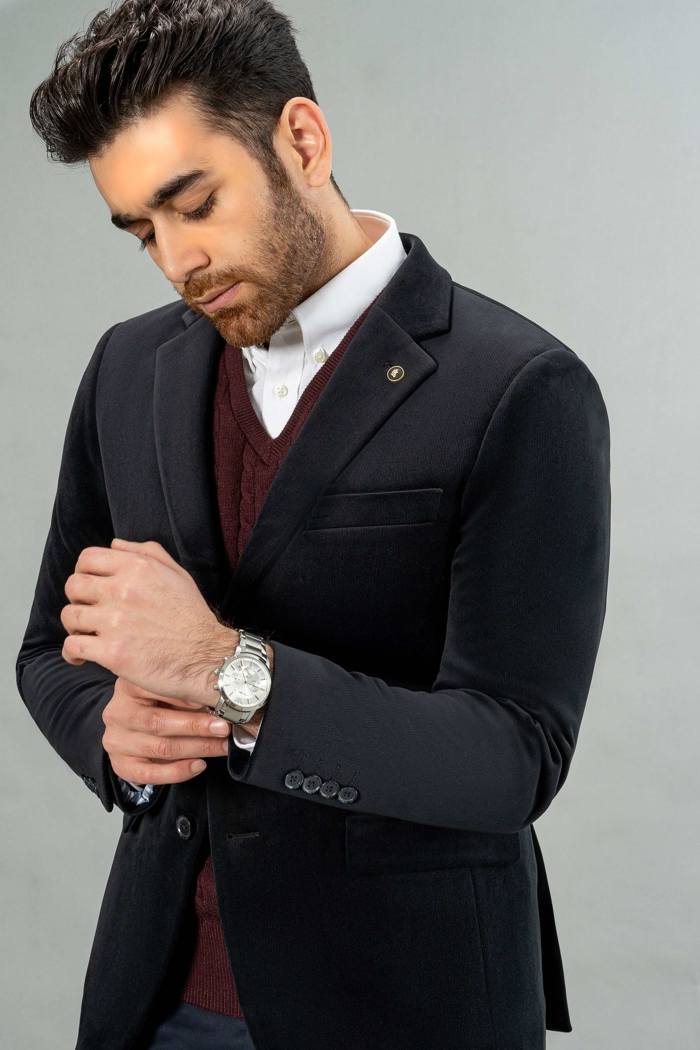 Black corduroy casual coat with notch lapels and single-button front