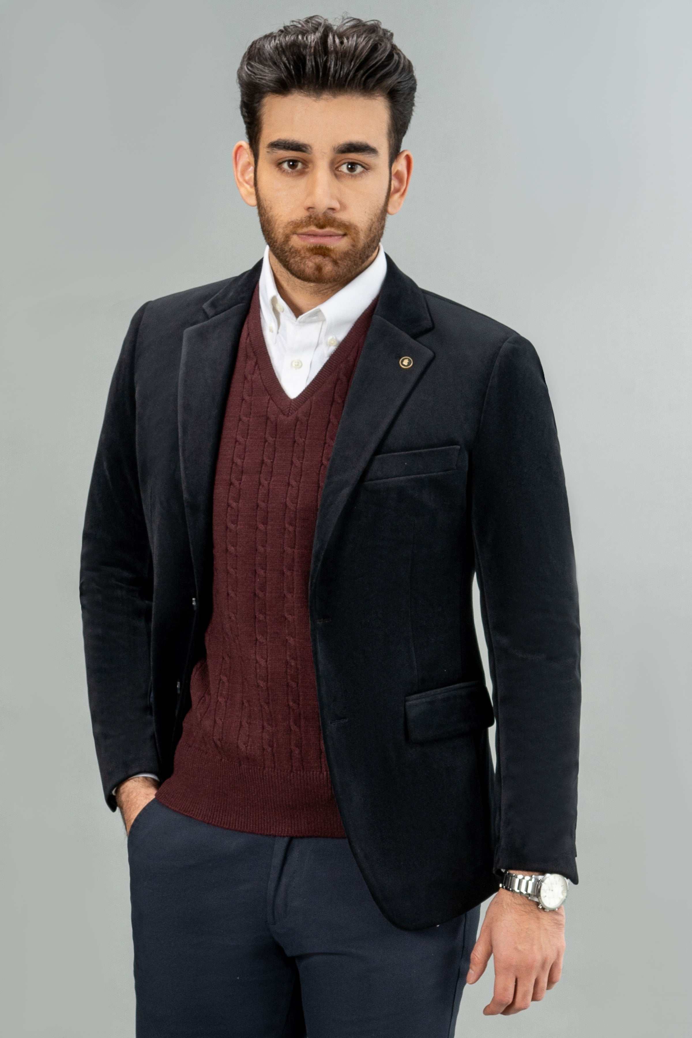 Black corduroy casual coat with notch lapels and chest pocket