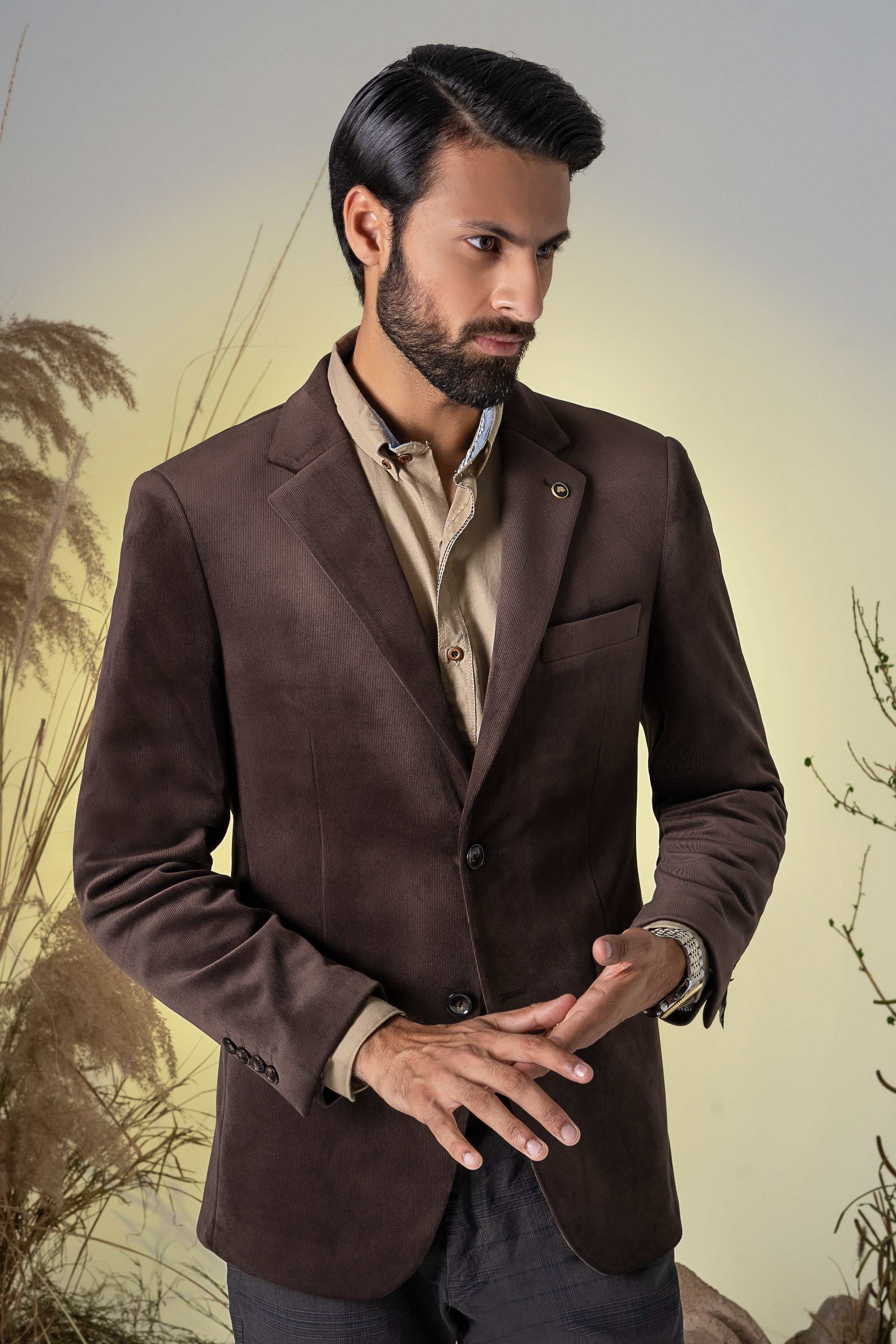 Men's corduroy casual coat, dark brown, welt pockets and single-breasted front