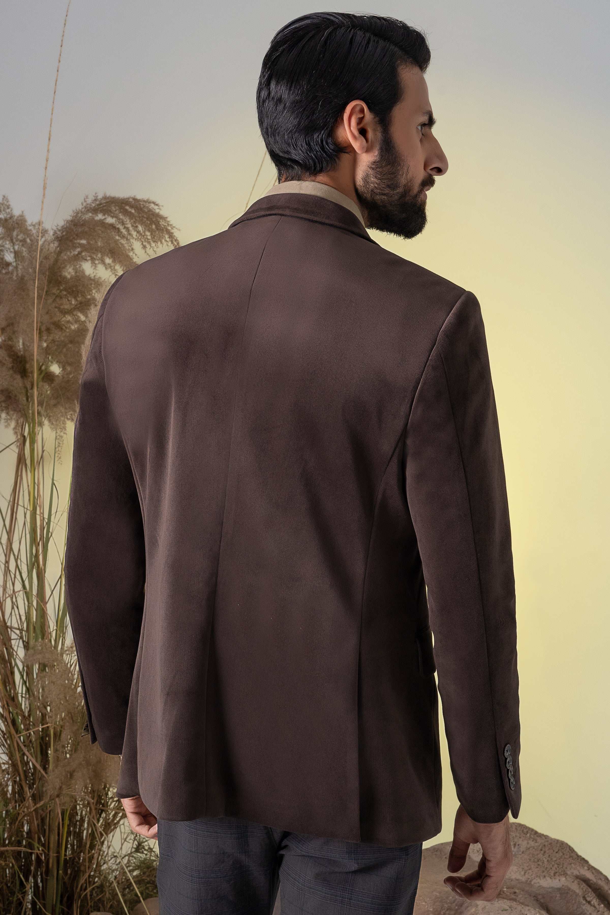 Men's corduroy casual coat, dark brown, back view with shoulder seam detail