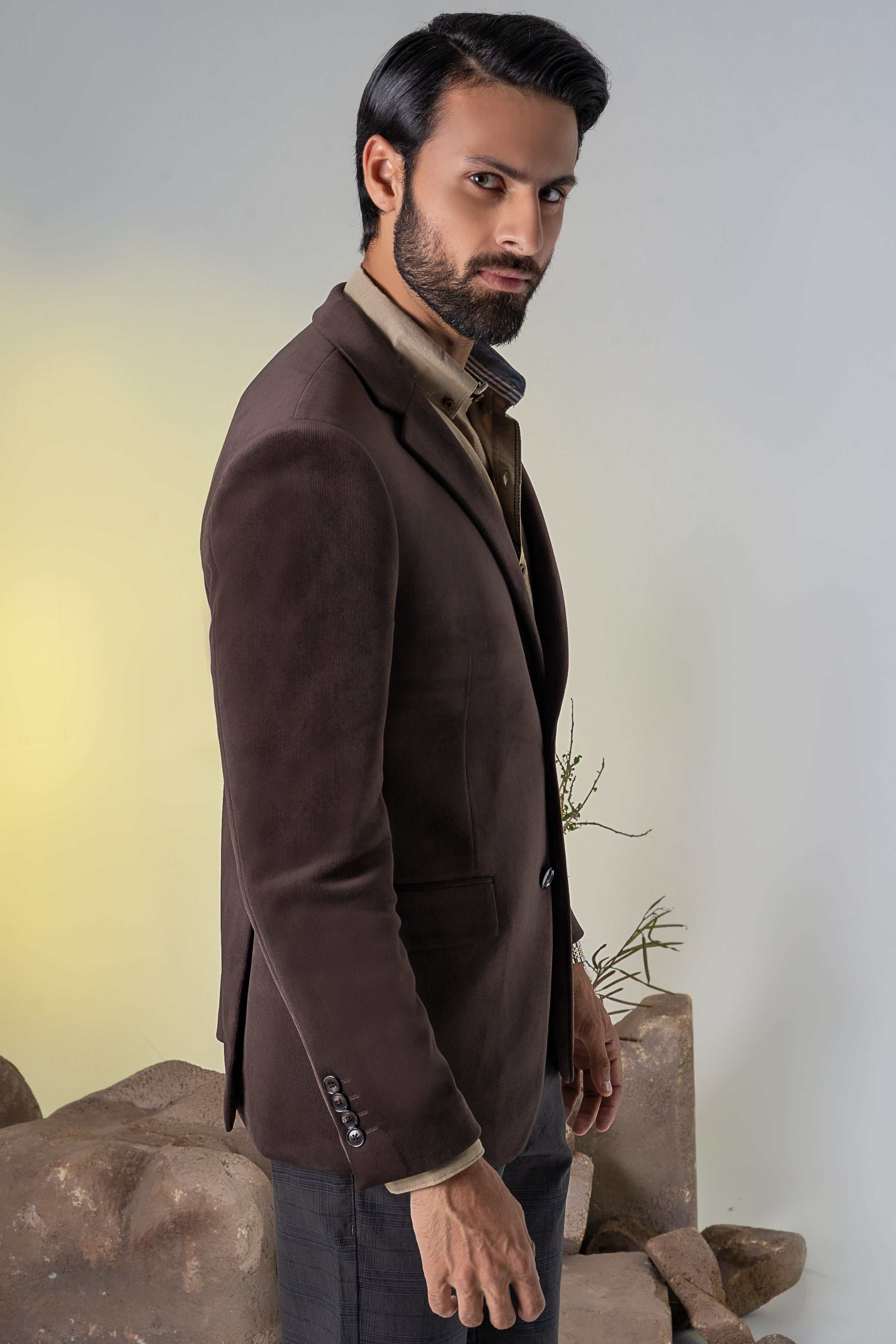 Men's corduroy casual coat in dark brown, side view with buttoned cuffs