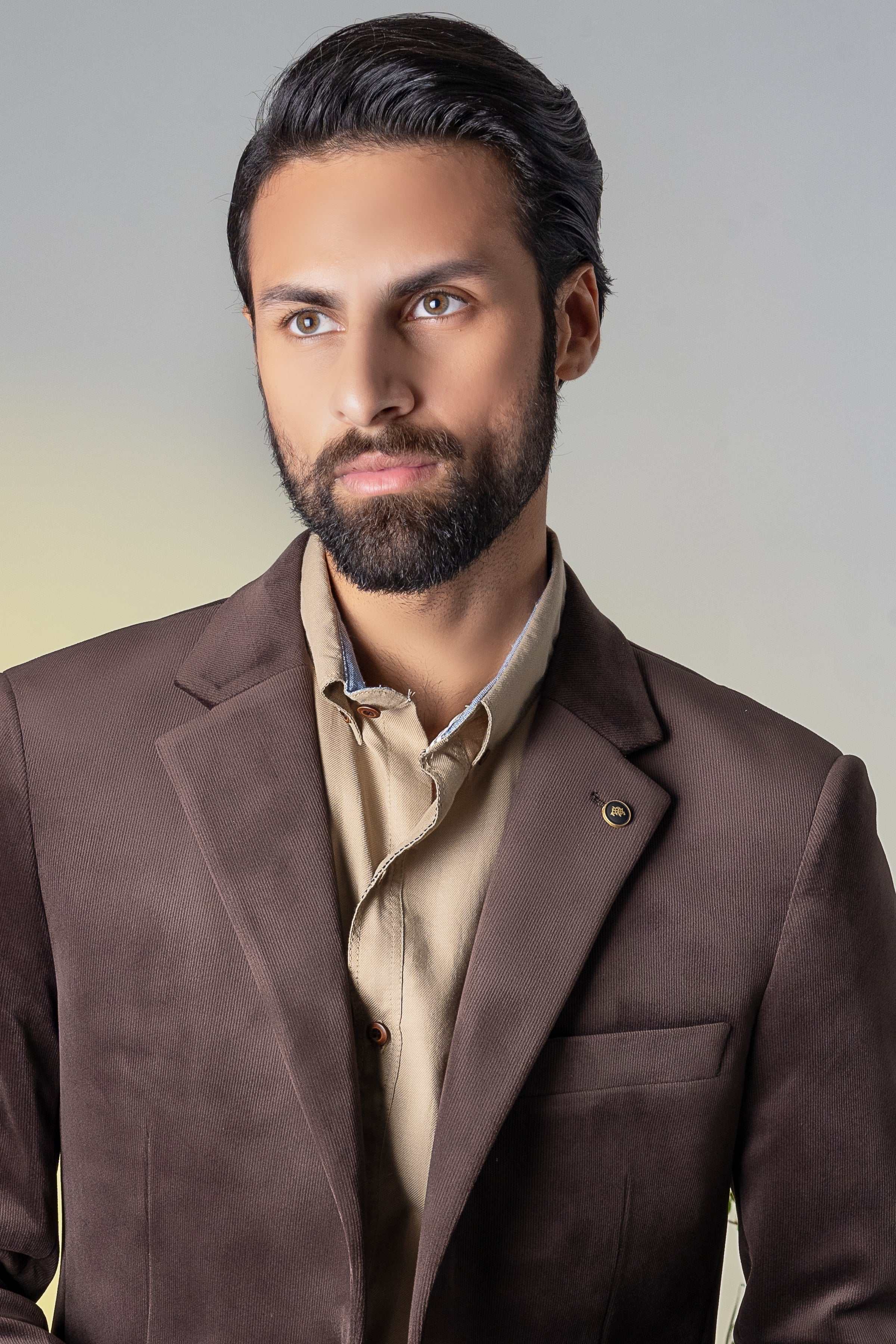 Men's corduroy casual coat in dark brown, chest pocket and buttoned lapel