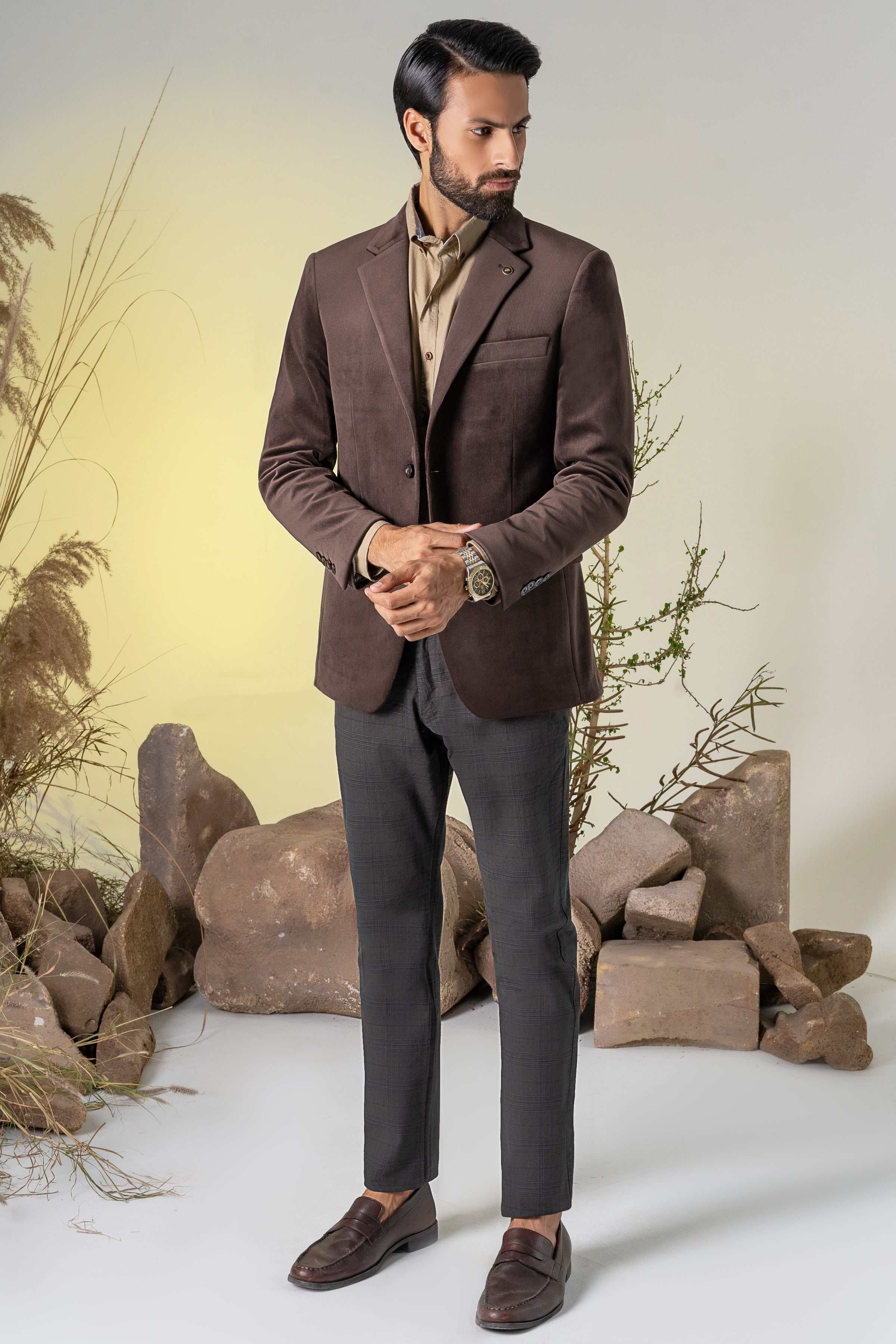Men's corduroy casual coat in dark brown, notched lapels, two-button front