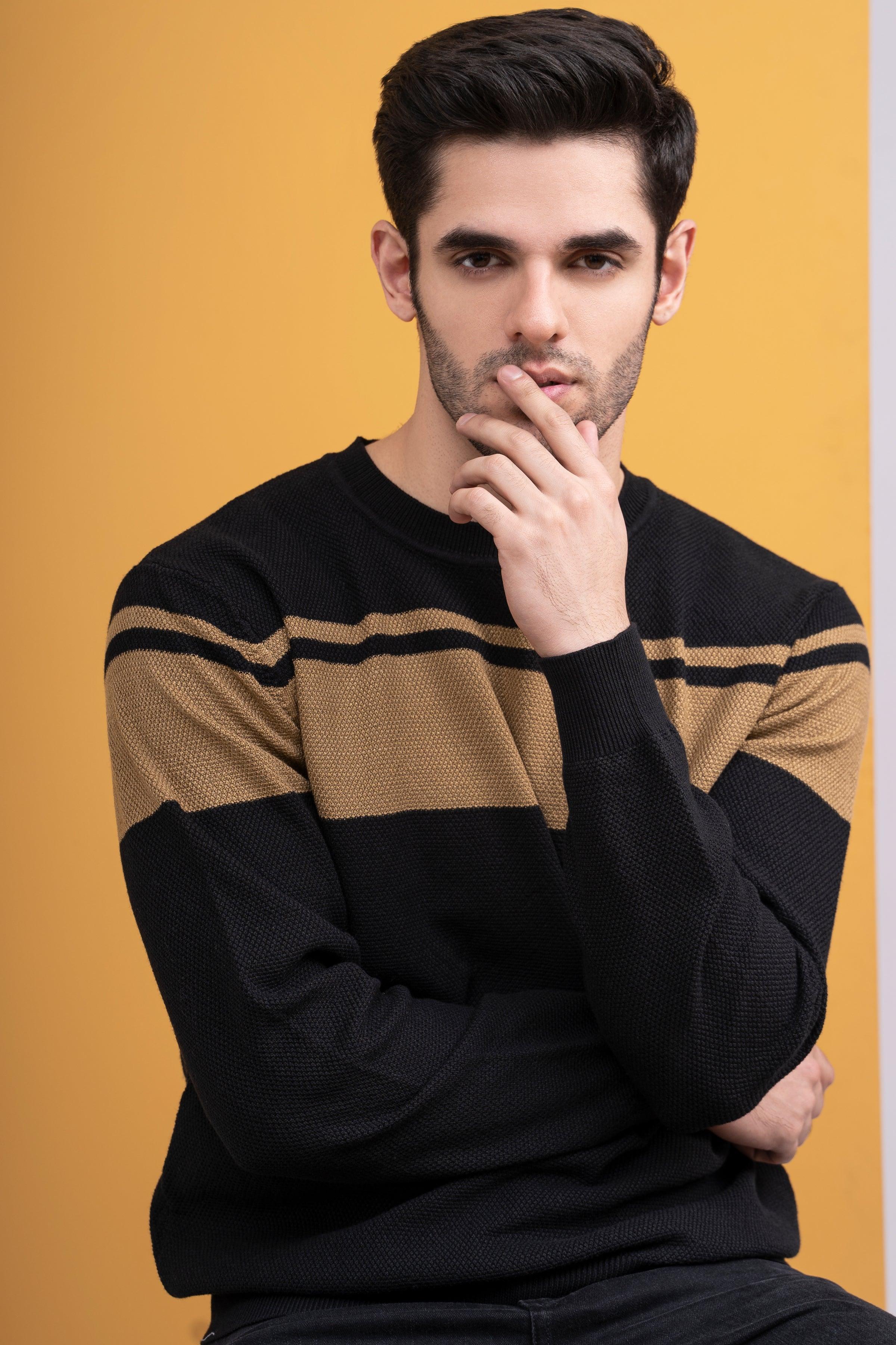 CREW NECK SWEATER BLACK KHAKI at Charcoal Clothing