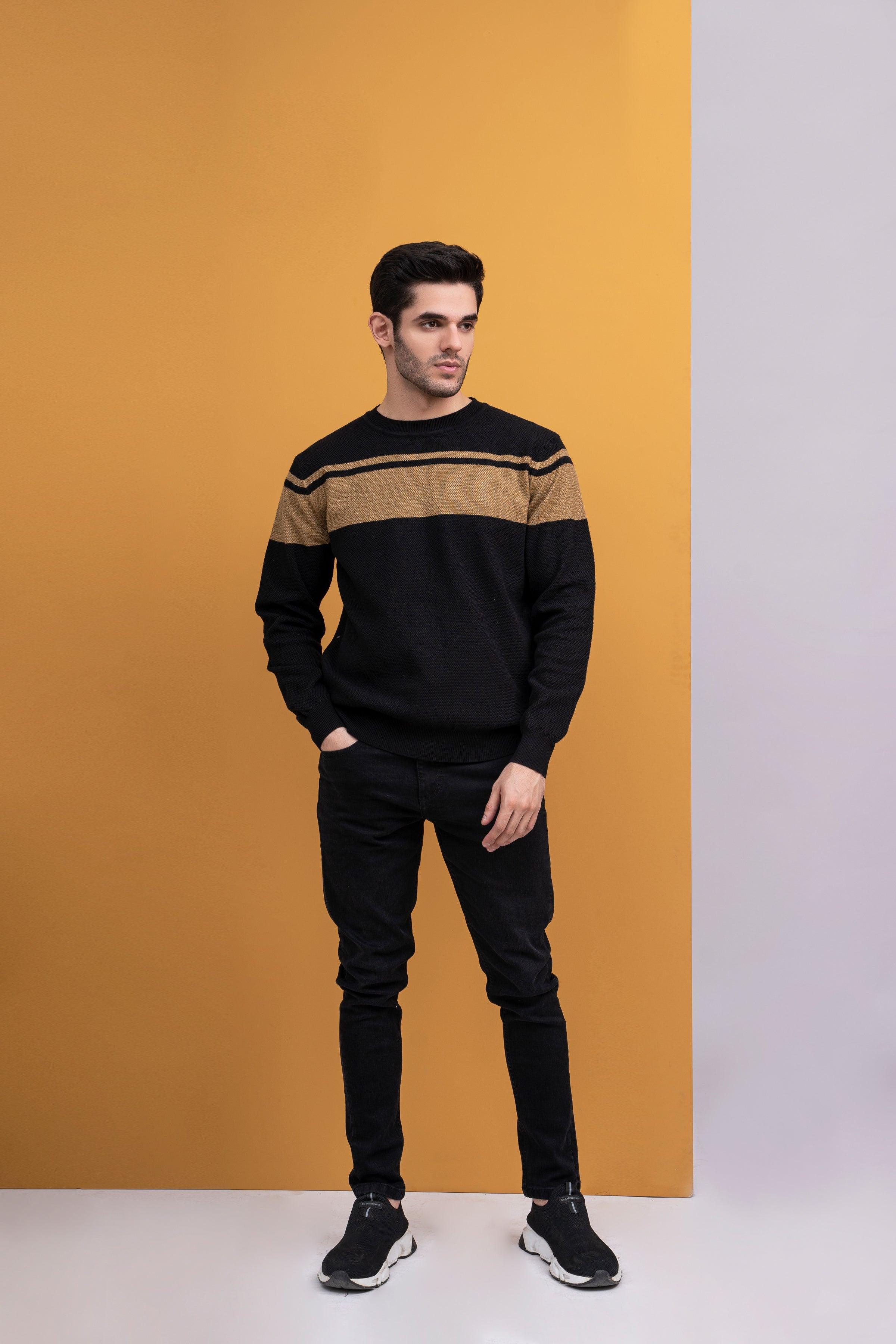 CREW NECK SWEATER BLACK KHAKI at Charcoal Clothing