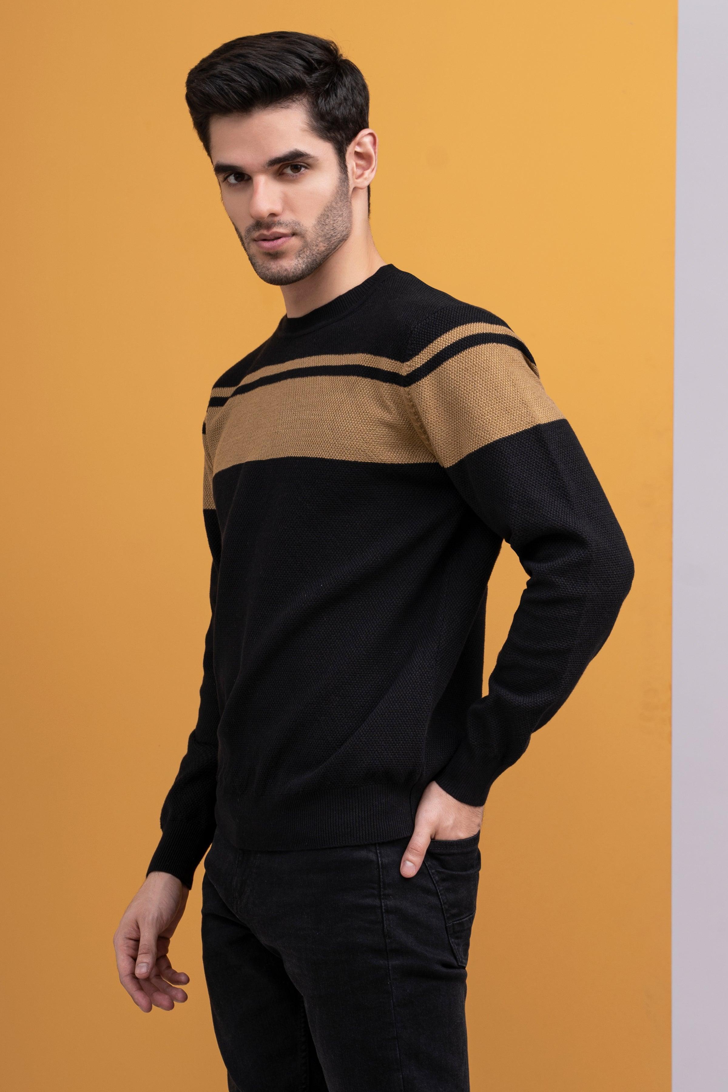CREW NECK SWEATER BLACK KHAKI at Charcoal Clothing
