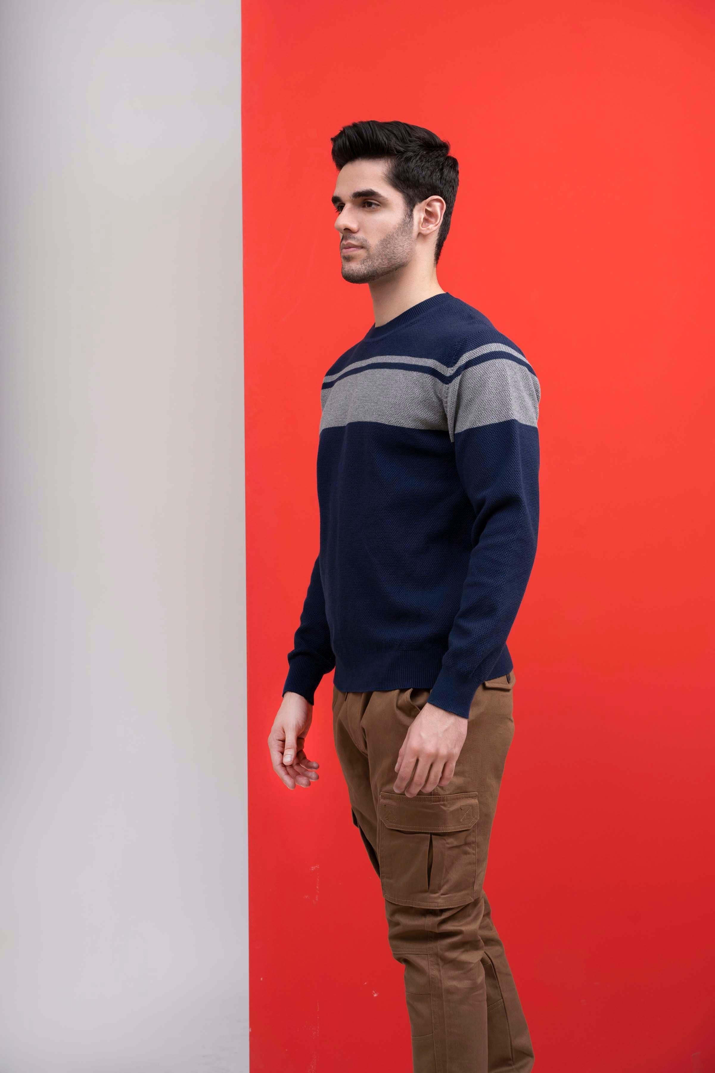 CREW NECK SWEATER NAVY GREY at Charcoal Clothing