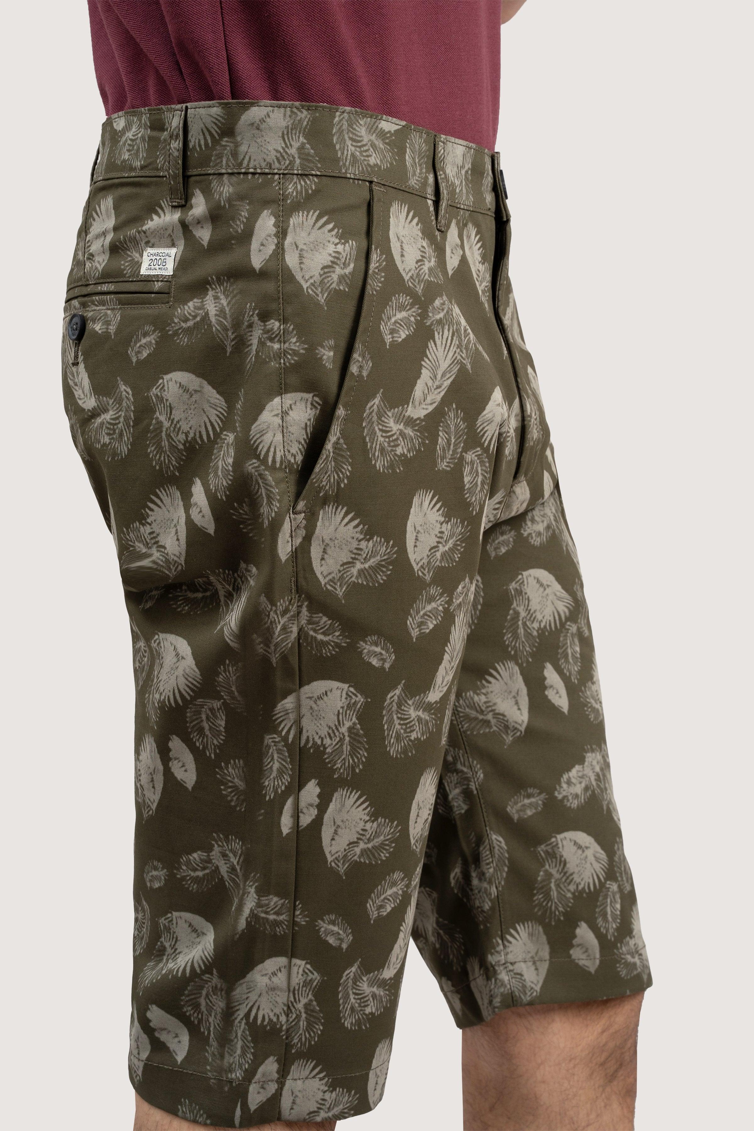 CROSS POCEKT PRINTED REGULAR FIT SHORTS OLIVE at Charcoal Clothing