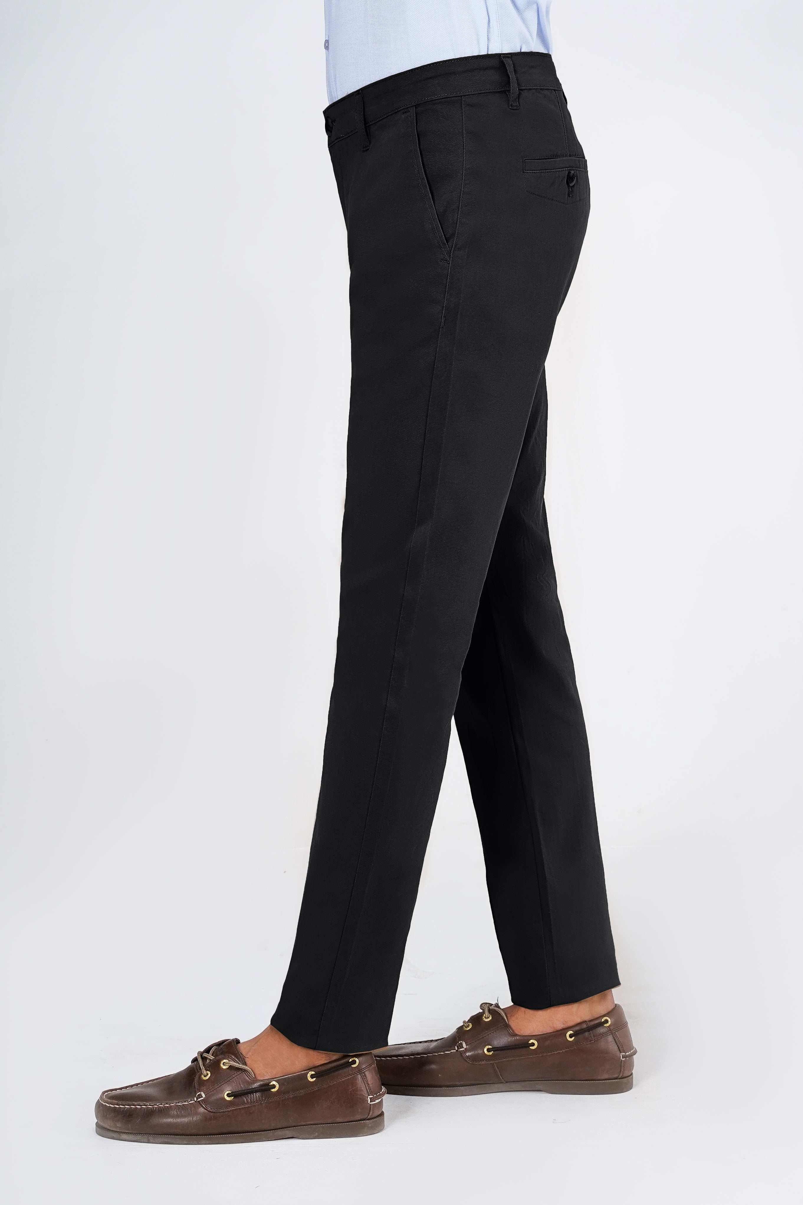 Black casual pants with cross pocket detail and straight leg