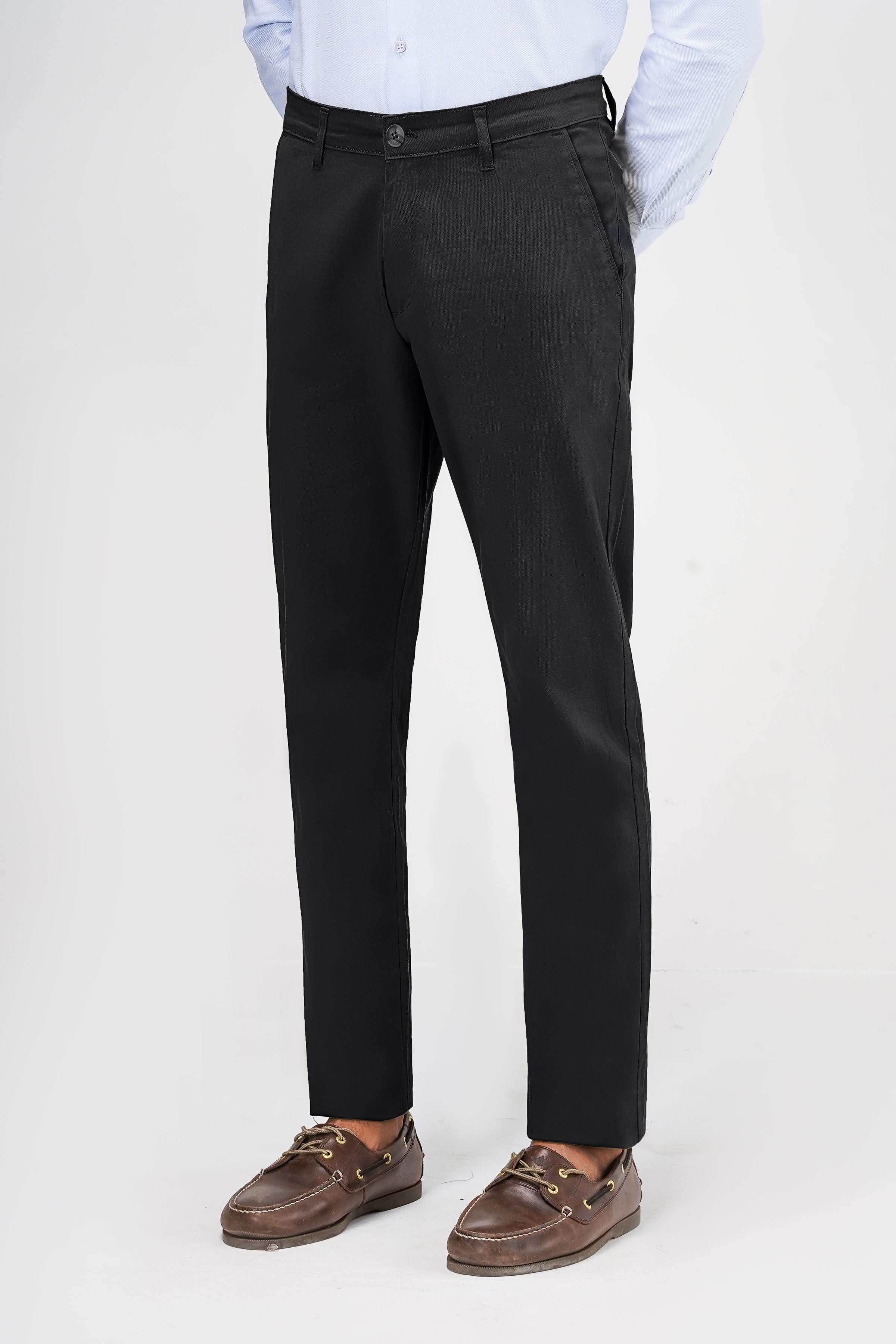 Black casual trousers with belt loops, front crease, and straight leg
