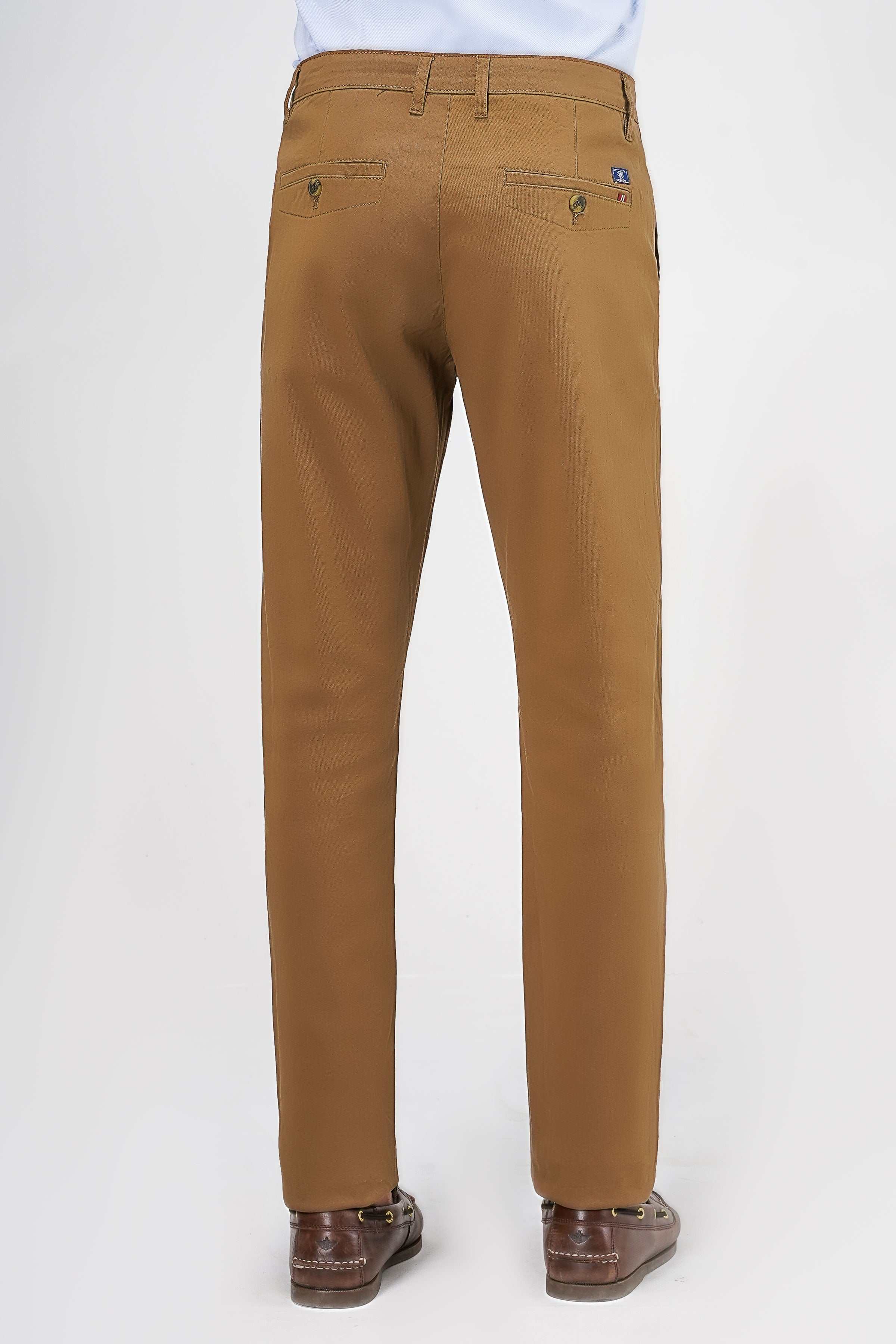 Dark khaki casual pants with back pockets and straight fit