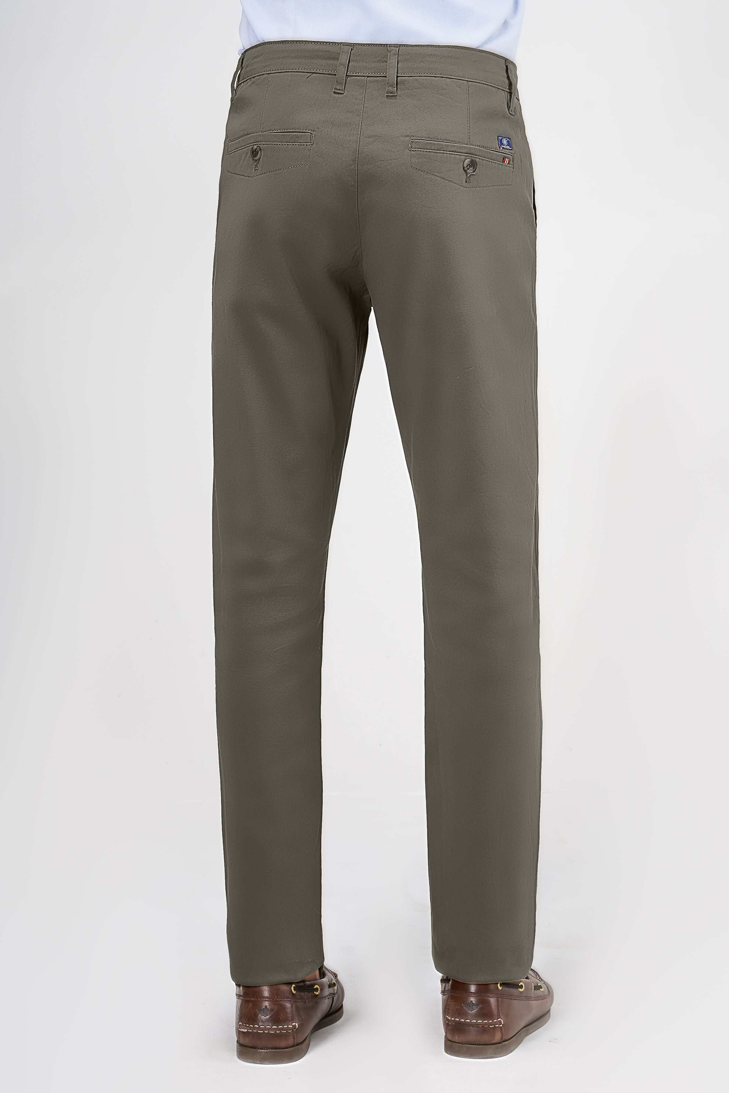 Dark olive casual pants with back welt pockets and straight fit