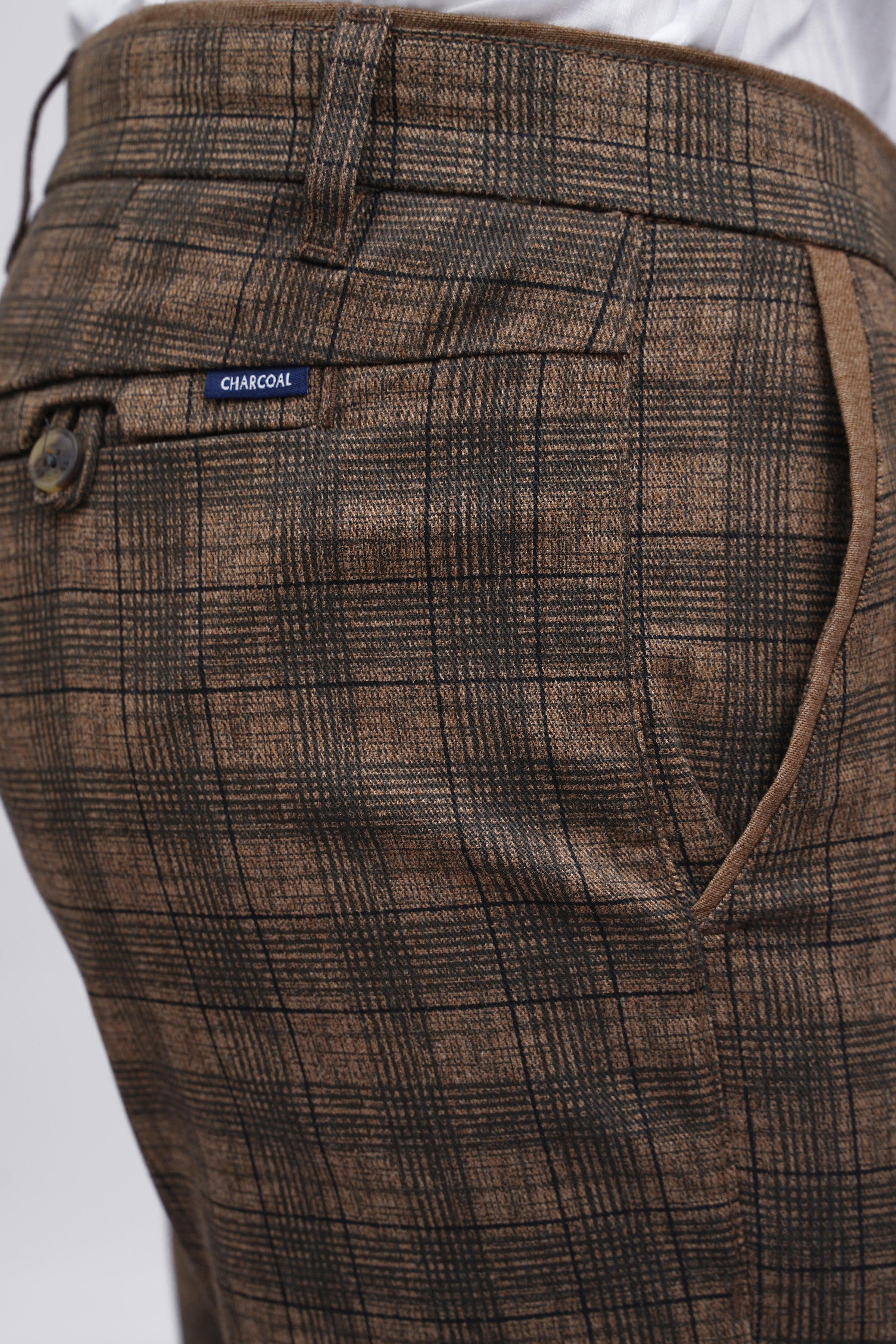 CROSS POCKET CASUAL PANT KHAKI BLACK CHECK at Charcoal Clothing