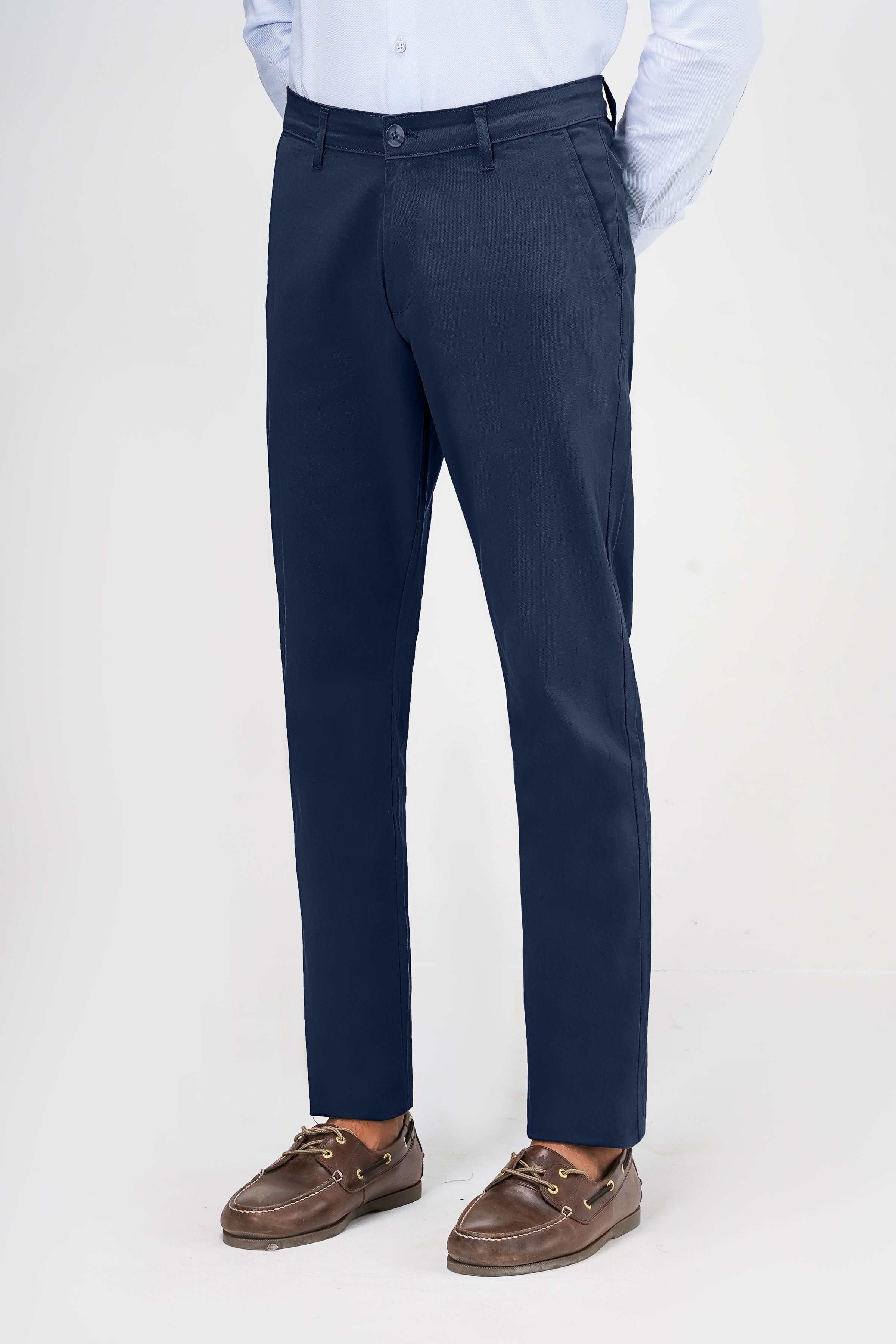 Navy casual pants with belt loops and straight fit